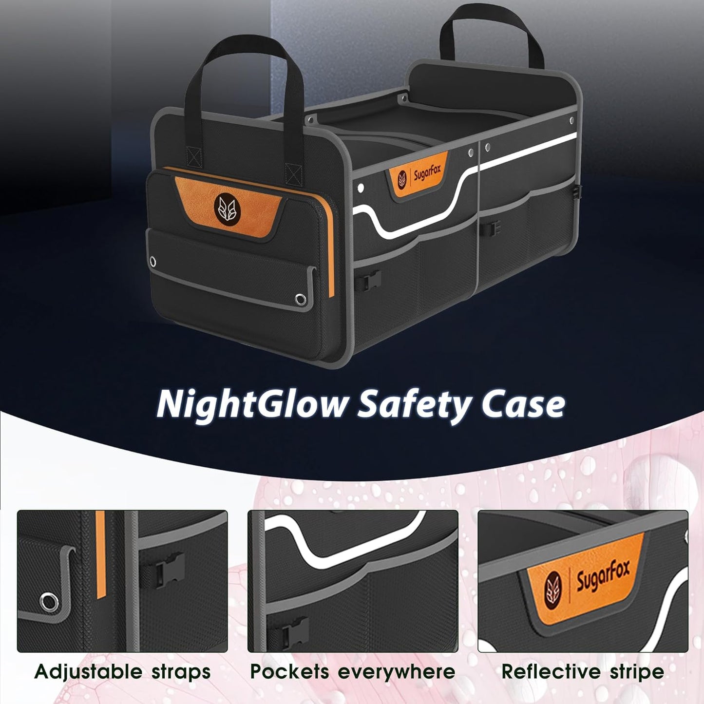 Foldable Waterproof Car Organizer with Non-Slip Traction Rope, 23.2”x13.8”x11.8” Heavy-Duty Trunk Organizer for SUV, Car Essentials List, Portable Vehicle Organizer,BLACK-M003