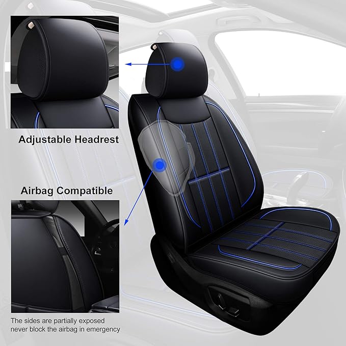 AOOG Leather Car Seat Covers for Cars SUV Pick-up Truck, Universal (Black & Blueline, Front Pair)