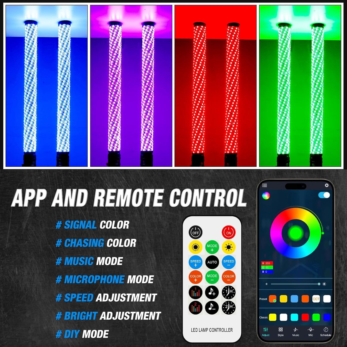 DREAMIZER 2PCS 3FT RGB Whip Lights for UTV ATV Brighter Spiral Chasing Lighted Antenna Whip for Side by Side with APP and Remote Control for Jeep Off-Road RZR Polaris Truck Car 4X4 Sand Buggy Dune