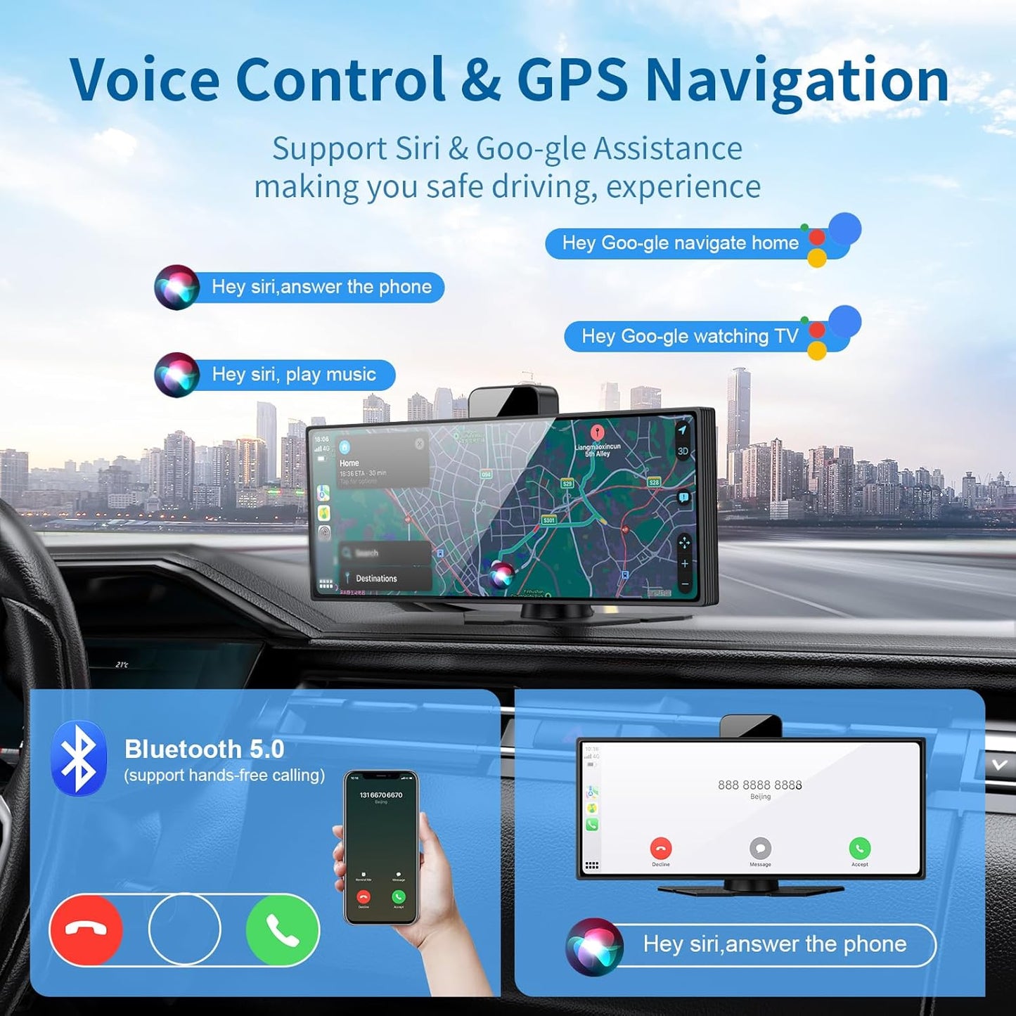 10.26" HD Wireless Android & Carplay Screen for Car, Portable Touchscreen Car Stereo with 4K Dash Cam, 1080P Backup Camera, Bluetooth, AUX/FM, Siri, Mirror Link, GPS Navigation