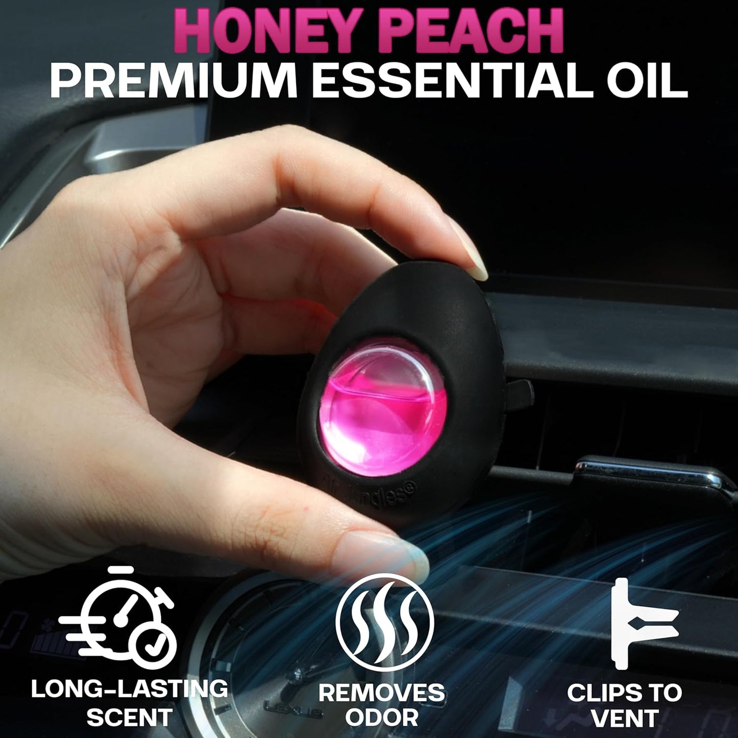 Air Jungles Car Air Freshener Vent Clip 3 Count, Honey Peach Scent, 4 ml Each, Long-Lasting Car Odor Eliminator, Easy Clip-On Design, Up to 90 Days Freshness for Cars, Trucks, and SUVs