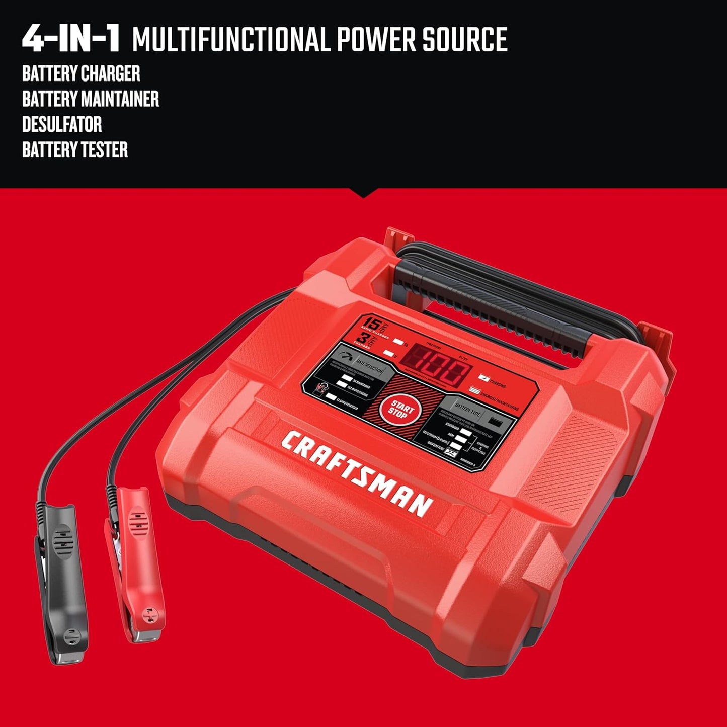 CRAFTSMAN Battery Charger and Maintainer, CMXCESM162, 4-in-1, Fully Automatic, Battery Tester, 15 Amps, 6 Volt, 12 Volt, for Car, SUV, Truck and Marine Batteries