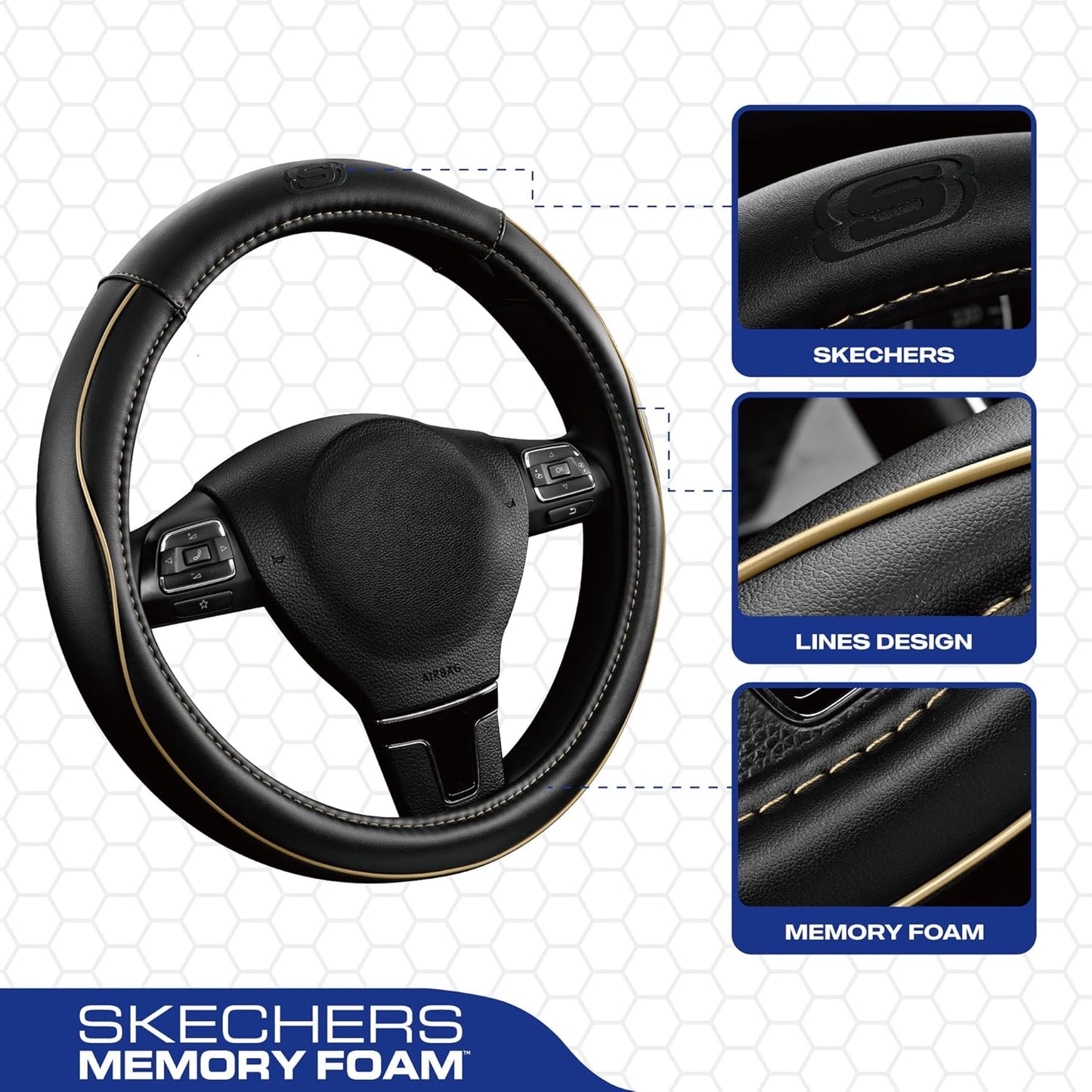 Skechers Memory Foam Steering Wheel Cover,Piping Microfiber Leather Steering Wheel Cover Sporty Universal Fit 14" 1/2-15" Car Wheel Protector for Men Women Fit Suvs,Vans,Sedans,Car,Trucks,Beige