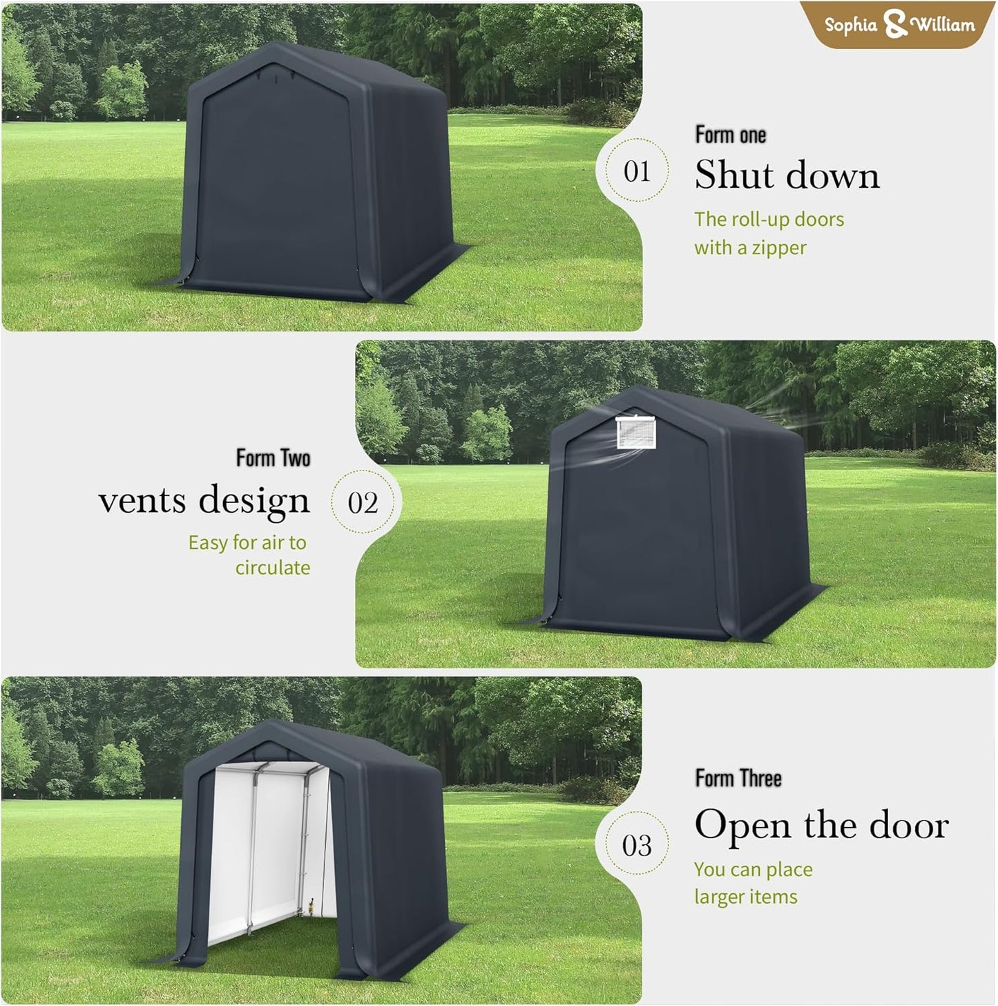 Sophia & William Outdoor Storage Shed Carport 6x10 ft Heavy Duty, Portable Garden Yard Car Port Shelter Storage Tent Garage with Roll Up Doors and Ventilation, Grey