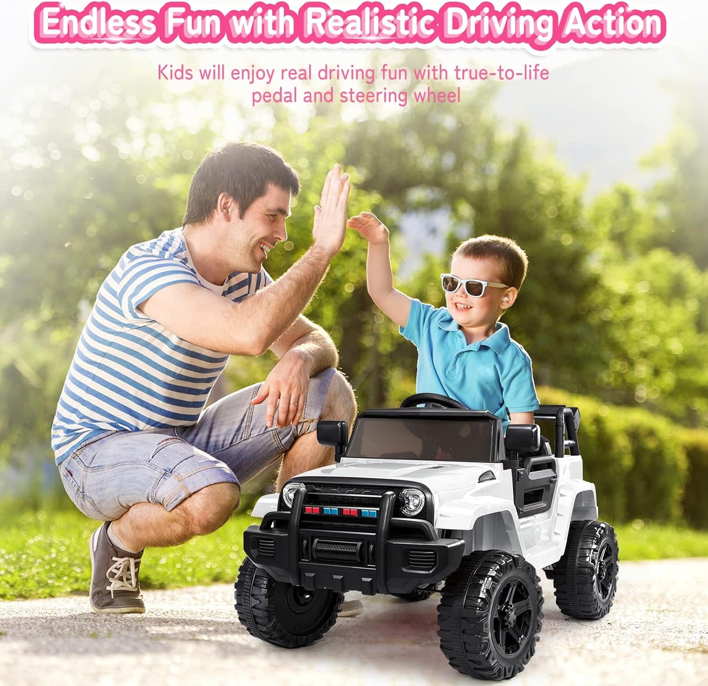 JOYMOR Ride on Truck with Remote Control, 4 Wheels 12V Battery Powered Kids Car, with LED Headlight/Horn Button/ MP3 Player/USB Port/Forward Backward/Kids Girl Boy (White)