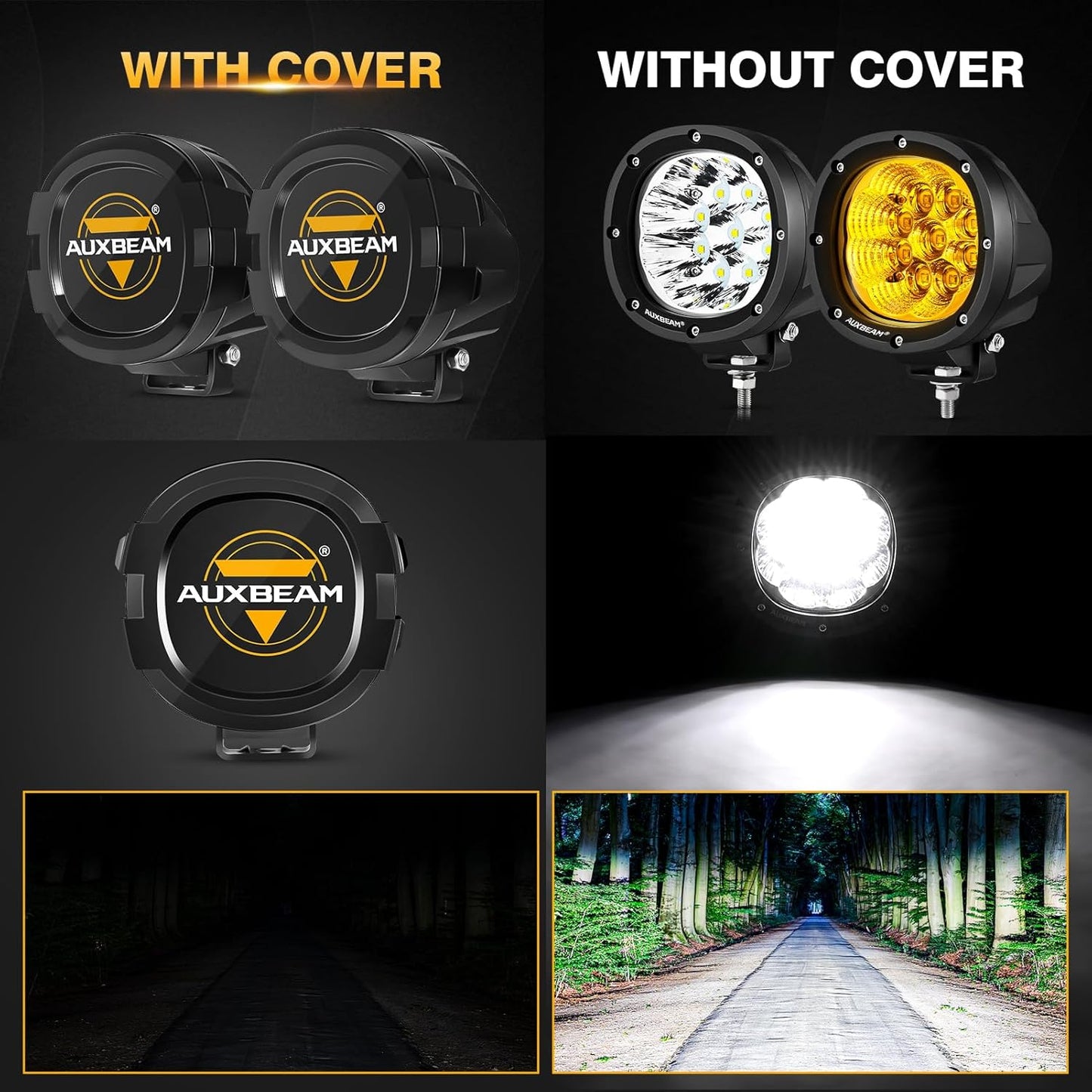 Auxbeam P4 Series Round Protective Light Covers, 4 Inch Black Offroad LED Pods Lens Cap, Dust Impact Shield & Street Compliant, Snap-On Design, 2 Packs