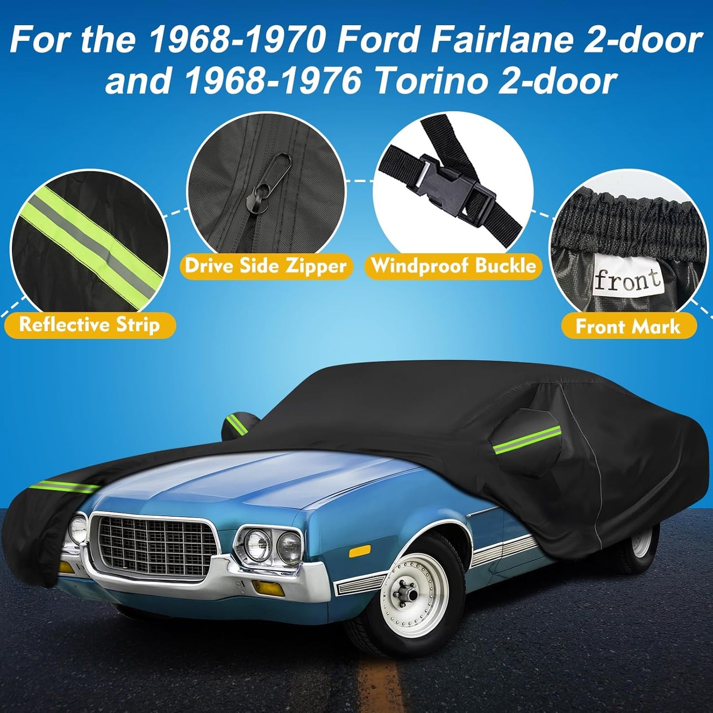 QUNSUNUS Waterproof Car Cover for Ford Fairlane 1968-1970 and Torino 1968-1976 2-Door, Outdoor Car Covers with Zipper and Straps for Wind, Sun, UV and Dust Protection