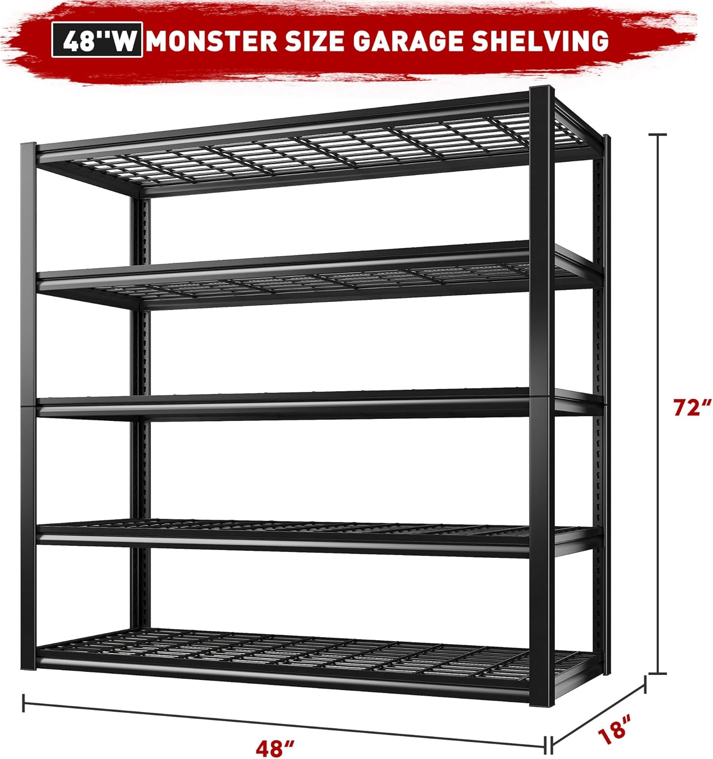 REIBII 48" W Garage Shelving Heavy Duty Load 2500LBS, 5 Tier Storage Shelves, Adjustable Metal Shelves for Warehouse, Pantry, Basement, 48" W X 72" H X18 D, 3PC