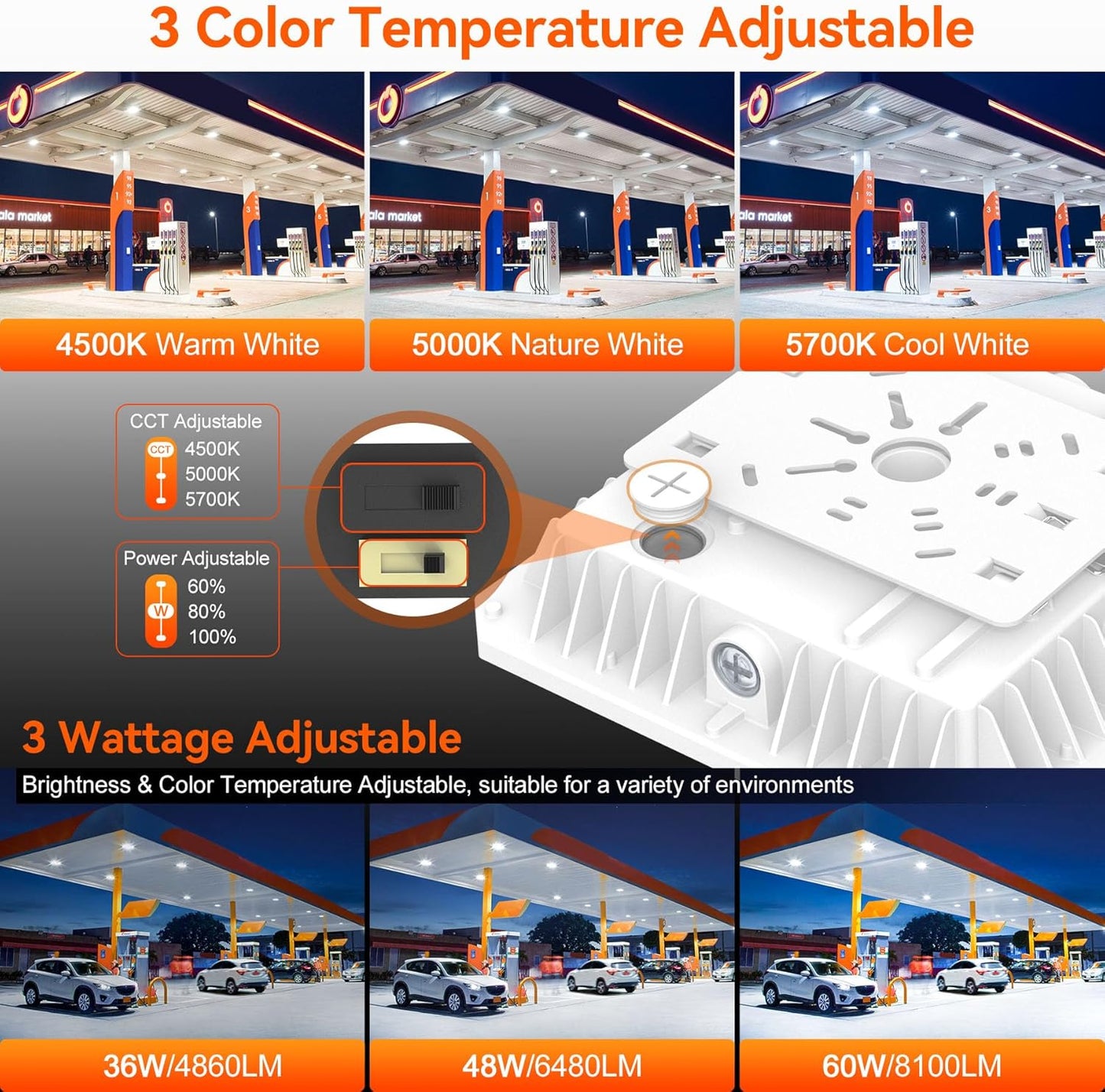 BBESTLED LED Canopy Light with Photocell, 36W 48W 60W Adjustable, ETL&DLC Listed AC100-277V 8100LM 5700K/5000K/4500K Outdoor Canopy Lights, IP65 Waterproof Commercial Canopy Light for Gas Station