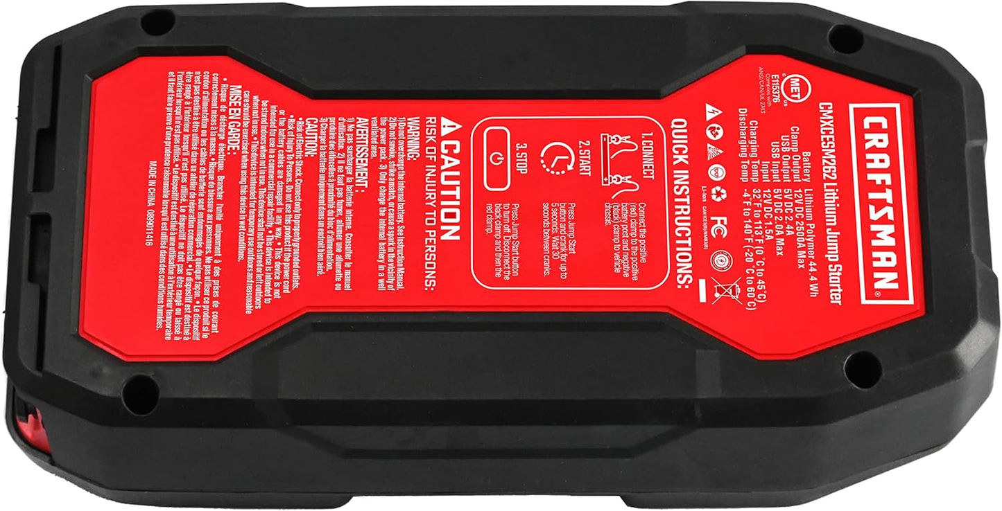 CRAFTSMAN Lithium Jump Starter and Portable Power Pack, CMXCESM262, 3-in-1, 2.4 Amp USB Port, LED Light, 2500 Amps, 12 Volt, for Motorcycle, Car, SUV, Truck, and Marine Batteries