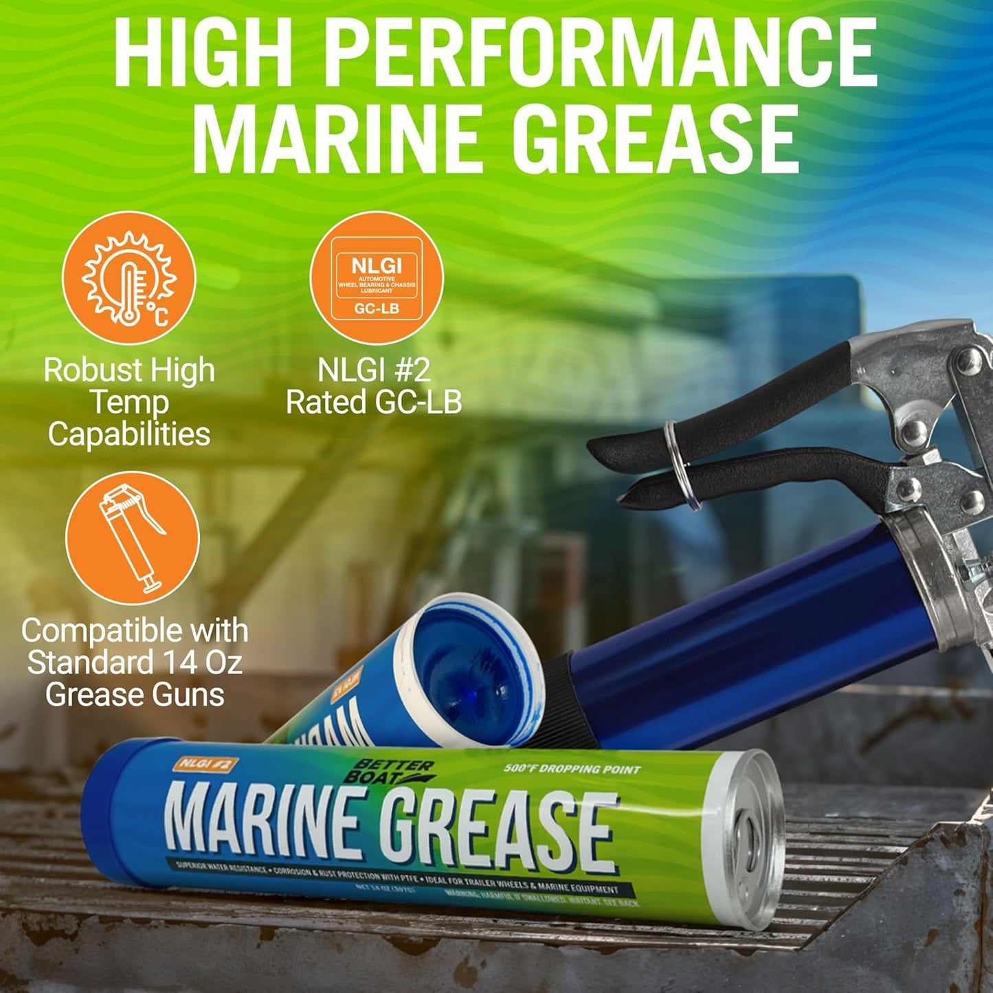 Better Boat Marine Grease Tube, 2 Pack 14 Oz, Waterproof High Temp Trailer Bearing Lubricant, NLGI 2, Compatible with Grease Guns