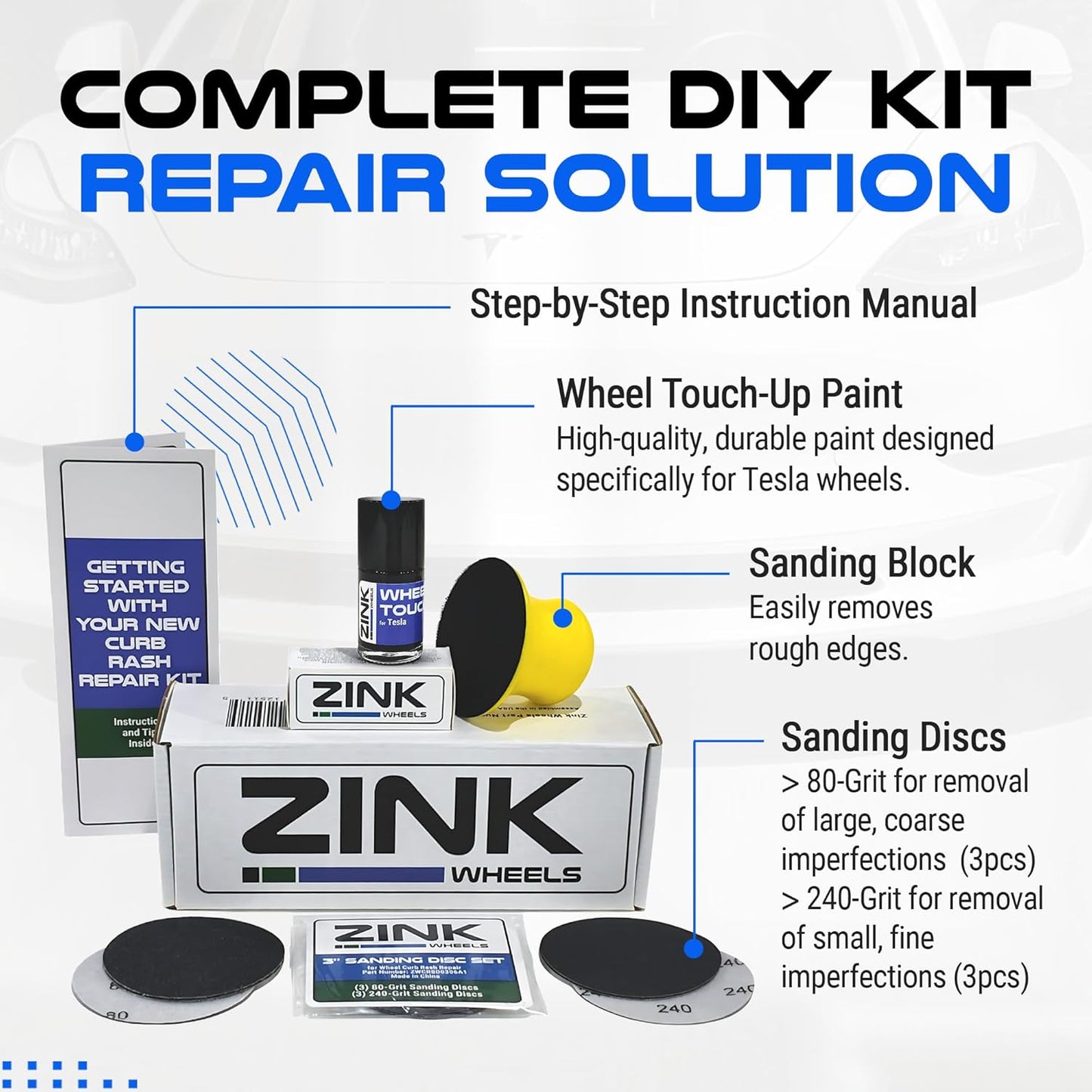 Premium Tesla Wheel Curb Rash Repair Kit for Model X 20-inch Sonic Carbon Slipstream Rims - DIY Kit with Color-matched Touch Up Paint - Made in USA