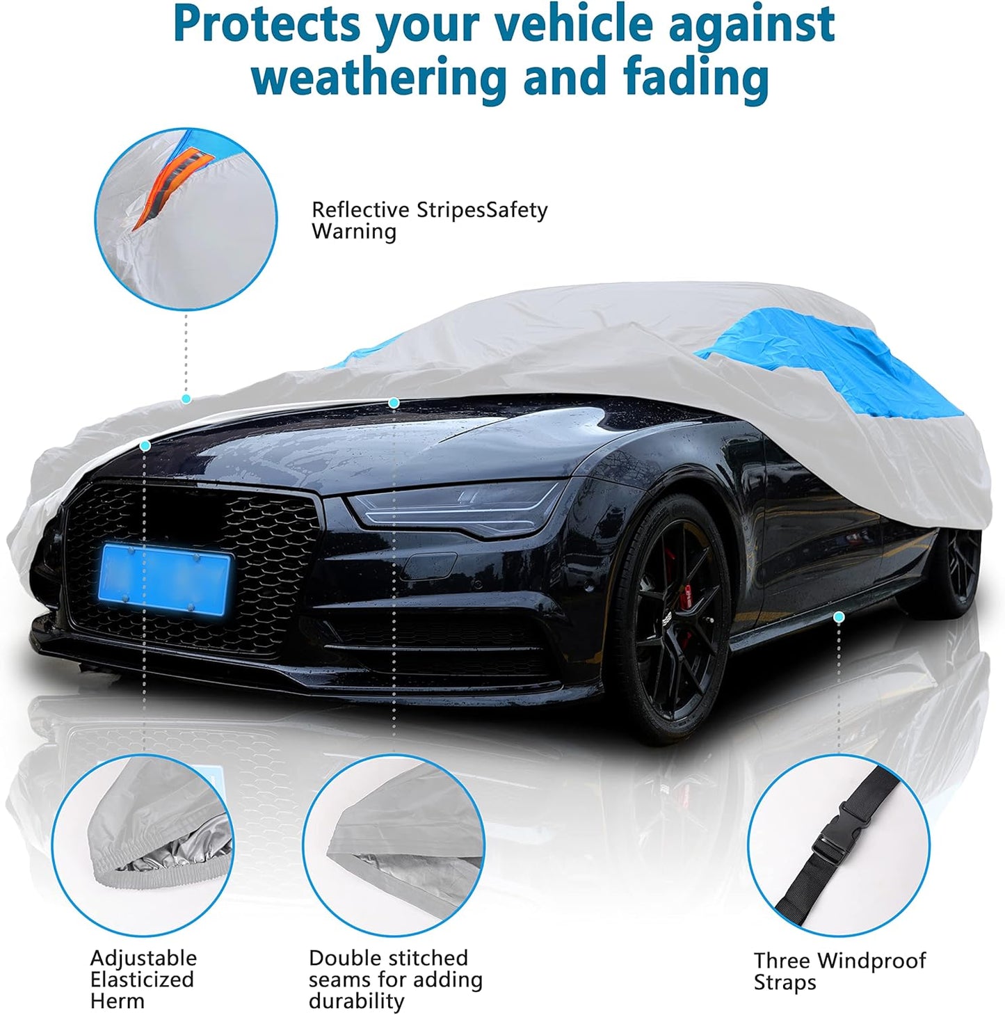 MORNYRAY Waterproof Car Cover All Weather Snowproof UV Protection Windproof Outdoor Full car Cover, Universal Fit for Sedan (Silvery, A2-Fit Sedan Length(Up to 177 inch)