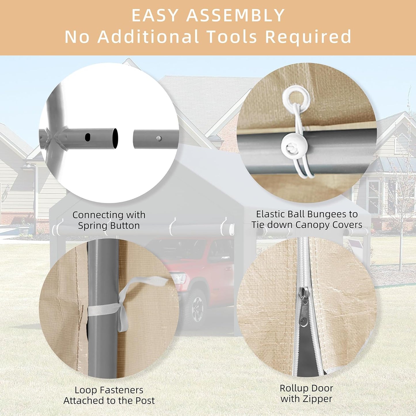 JY QAQA Carport, 10x20 FT Heavy Duty Carport with Removable Side Walls and Doors, Portable Garage with Roll-Up Window and Sandbags, Car Canopy with All-Season Tarp for Cars, Trucks, Boats, Khaki