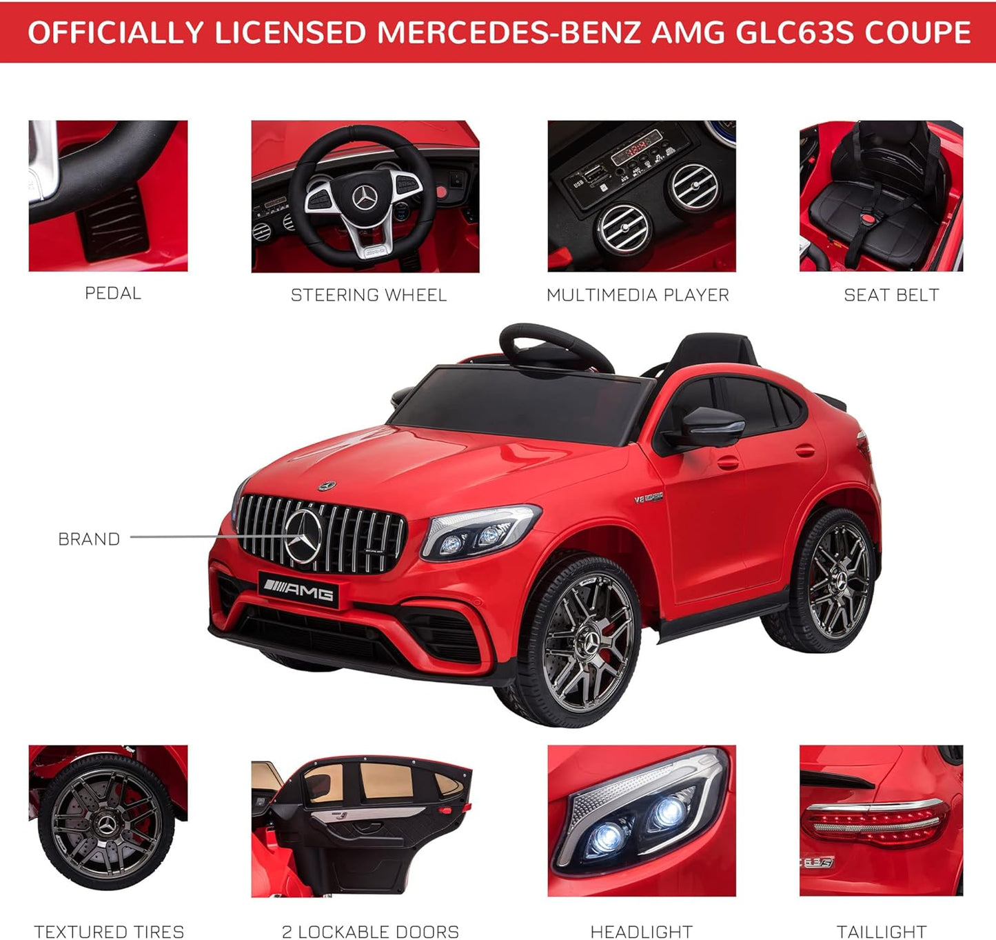 Aosom 12V Toddler Ride On Car with Remote Control, Mercedes Benz AMG GLC63S Coupe, Electric Car with 2 Speed, MP3 Player, Light, Horn, Songs, Suspension, Red