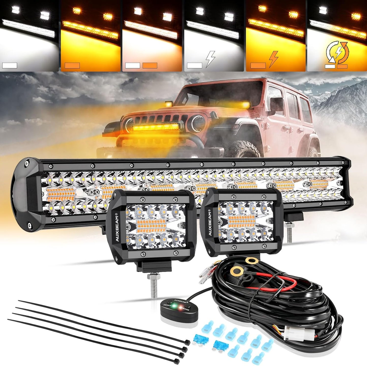 Auxbeam 20" 420W LED Light Bar w/ 2x 4" 120W Pods, Amber/White Strobe Off-Road Fog Lights, 6 Modes, Memory Reset, Spot/Flood, Yellow, Ditch Light for Truck Car ATV