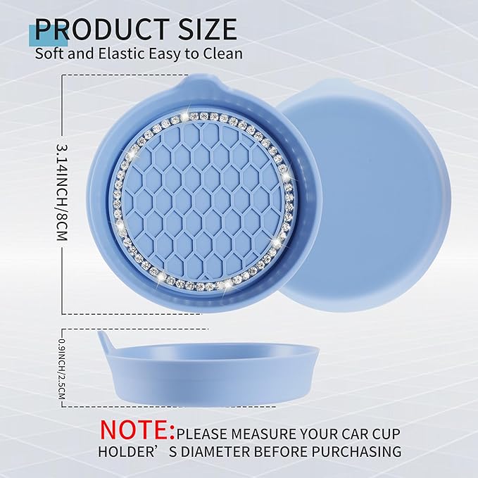 Amooca Car Cup Coaster Universal Non-Slip Cup Holders Bling Crystal Rhinestone Car Interior Accessories 2 Pack Gray Blue