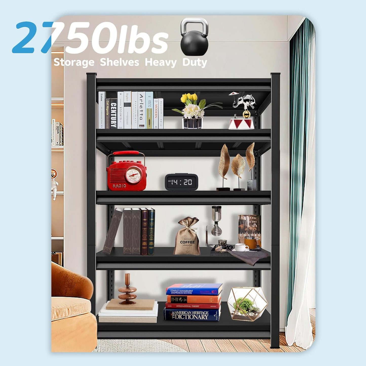 2750LBS Garage Storage Shelves Heavy Duty, 48" W x 18" D x 78" H,5-Tier Garage Shelving Heavy Duty, Industrial Metal Shelving Units for Garage, Basement,Fish Tank,Black