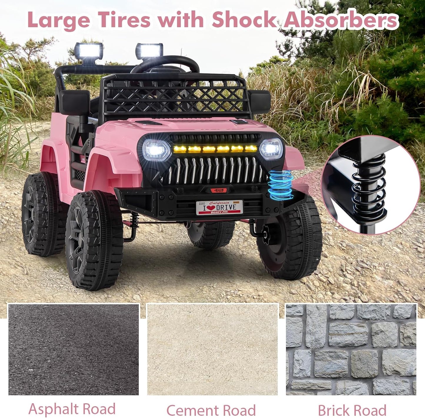 Costzon Kids Ride On Truck, 12V Battery Powered Electric Vehicles w/Remote Control, Spring Suspensions, 3 Speeds, Music, Lights, Wireless Connection, Ride on Car for Boys & Girls 3+ (Pink)