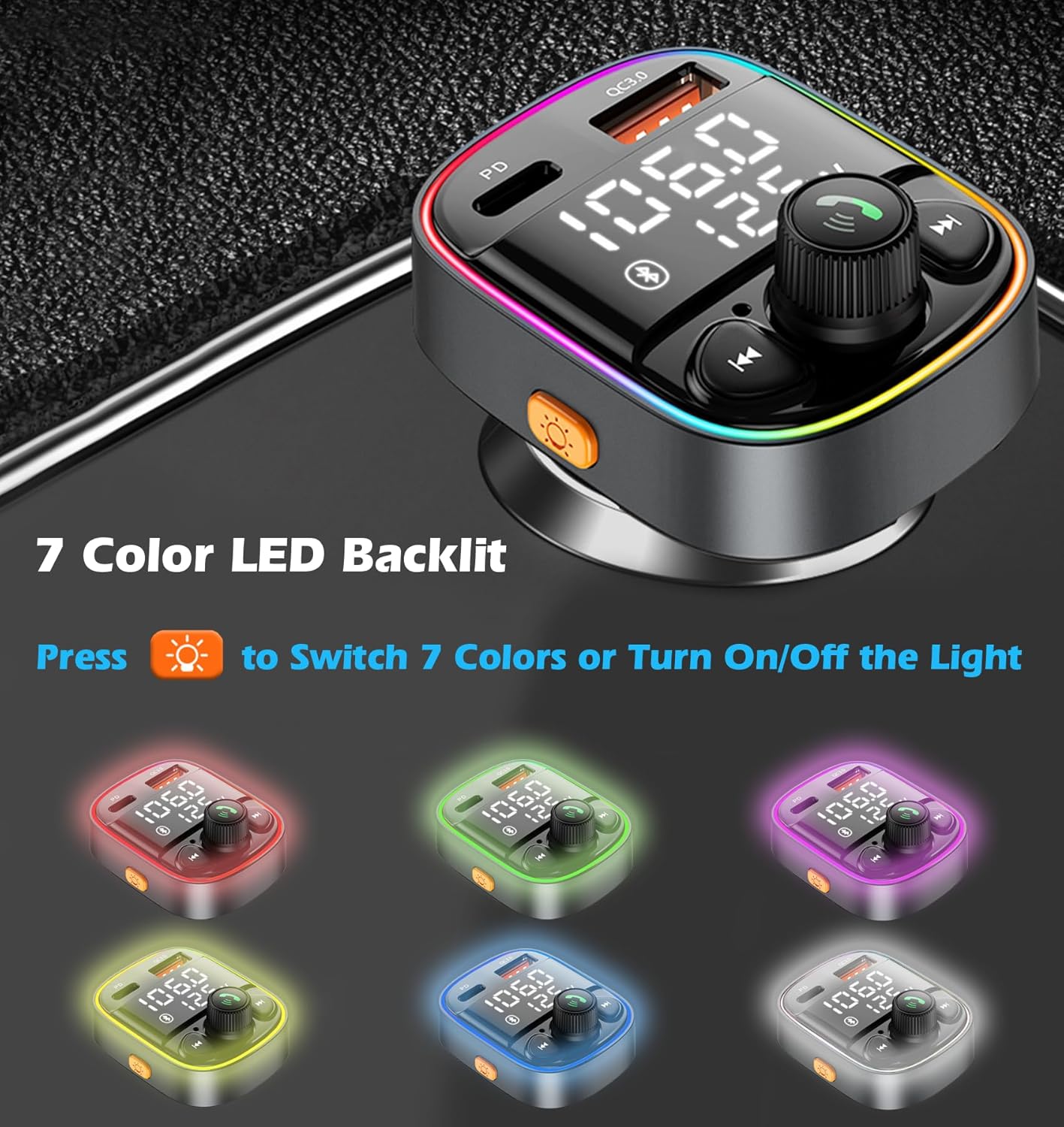 LIHAN AUX USB C Bluetooth Car Adapter, Wireless Handsfree Call, FM Transmitter Radio Receiver, QC3.0 & Type-C Car Charger, 7 Color Backlit with 2 LED Displays, TF Card & Music Stereo Player