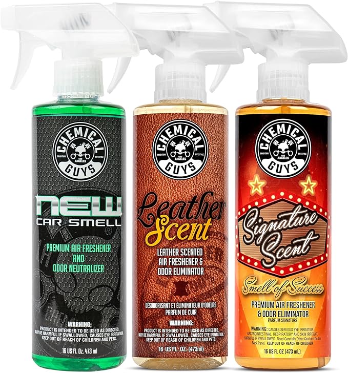 Chemical Guys AIR_301 Best Air Freshener Kit - New Car Scent, Leather Scent & Signature Stripper Scent, (Great for Cars, Trucks, SUVs, RVs & More) (3) 16 fl oz Bottles