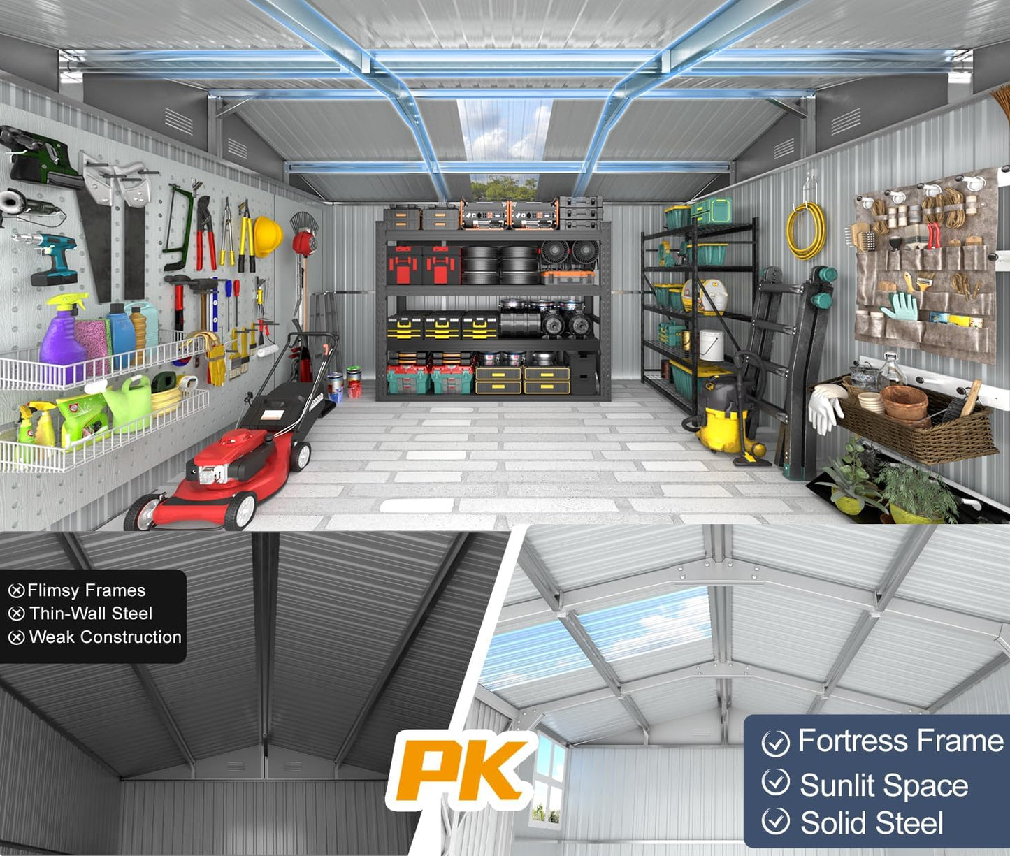 12x10 FT Metal Shed Heavy-Duty, Outdoor Storage Garden Sheds with Reinforced Steel Frame & Customizable Skylight, Weatherproof Galvanized Tool Tiny House for Backyard, Patio, and Lawn