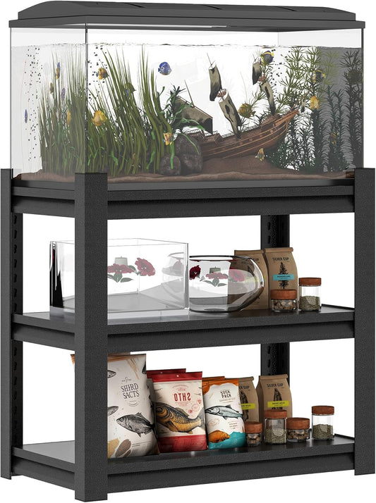 3 Tier Metal Shelving Unit, Aquarium Shelf System, Small Storage Organizer Racks for Basement Garage Laundry Utility Shelving (Black)