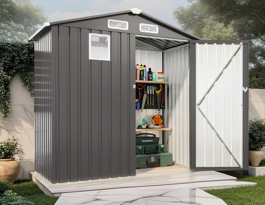 6X3.5 FT Outdoor Storage Shed with Window, Metal Garden Sheds w/Lockable Door and Vents, Waterproof Steel Tool House for Backyard, Patio, Lawn, Sundries & Utility Storage, Gray