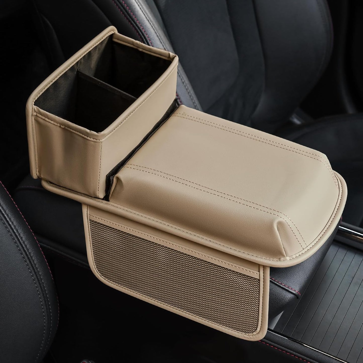 JEYODA Upgraded Car Armrest Cover,Premium Leather Car Armrest Cover Cushion with Storage Holder, Caddy for car (beige)
