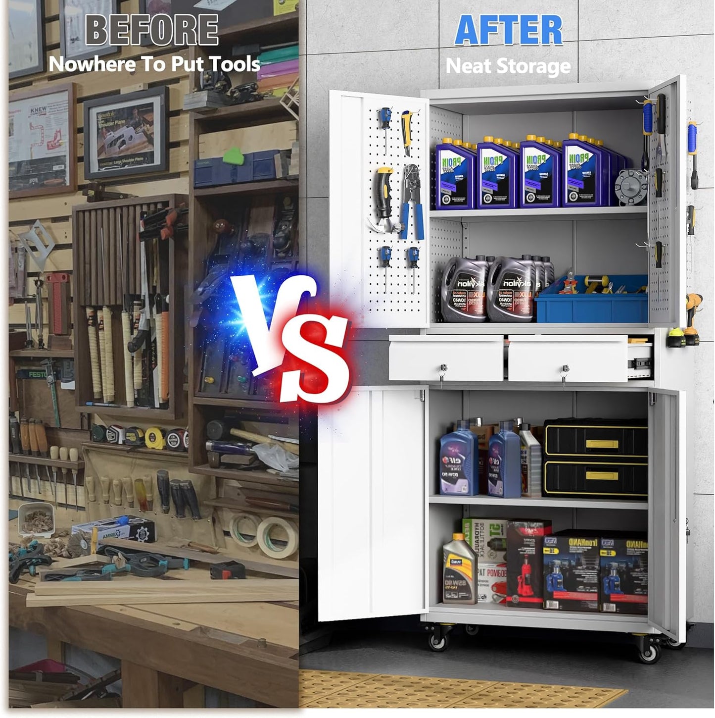 Metal Garage Storage Cabinet with Locking Doors and 2 Adjustable Shelves, Rolling Tool Storage Cabinet with 4 Wheels and 2 Drawer for Garage, Warehouse, White and Gray, Assembly Required