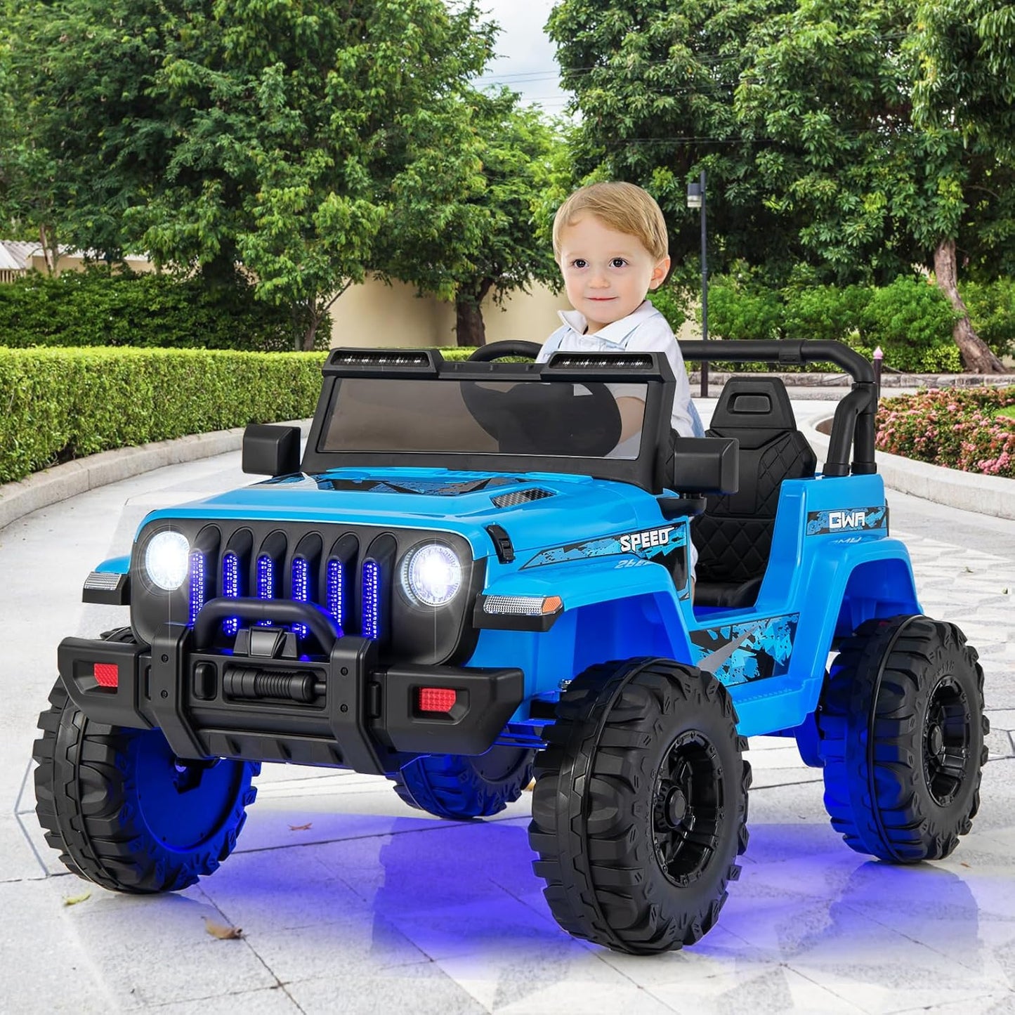 INFANS Kids Ride on Car Truck with 2.4G Remote Control, 12V Battery Powered Electric Cars for Kids w/3 Speeds, Battery Display, LED Lights, Safety Belt, Music & Horn, Bluetooth/FM/USB (Blue)