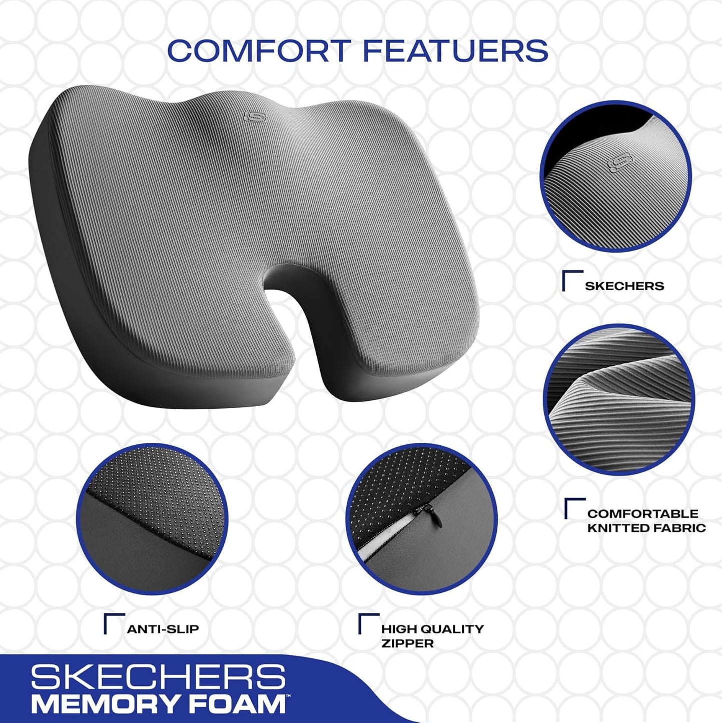 Skechers Memory Foam Seat Cushion,Office Chair Cushion for Tailbone Pain Relief,Butt Pillow for Office Chair,Car seat Cushion,Computer Desk,Long Sitting Office Workers,and Car Drivers,Grey