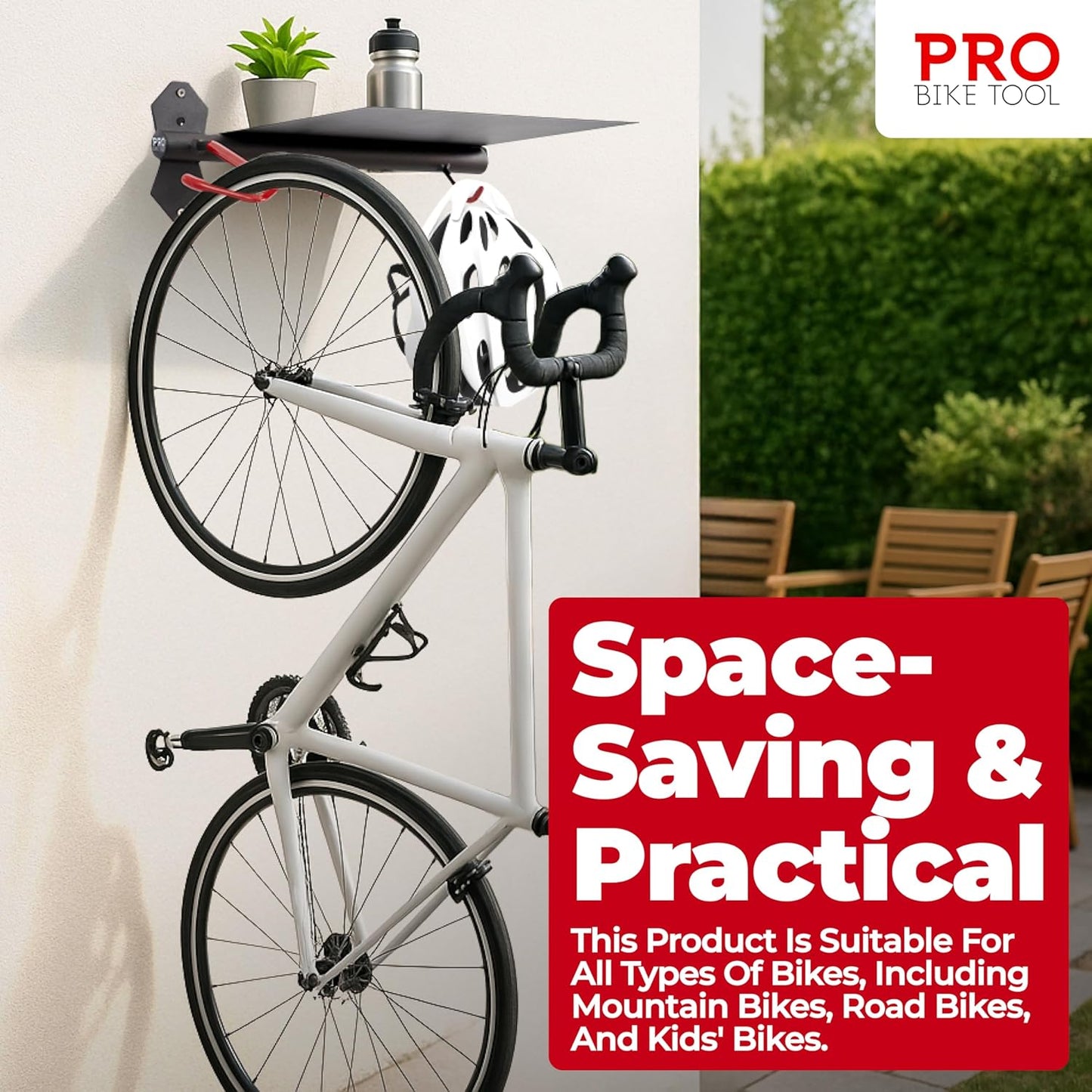 PRO BIKE TOOL Bike Storage Rack - Indoor Bike Rack for Bicycle and Accessories - Compact Steel Bike Holder - Easy Installation - Black and Red - Durable Metal Construction for Home or Garage