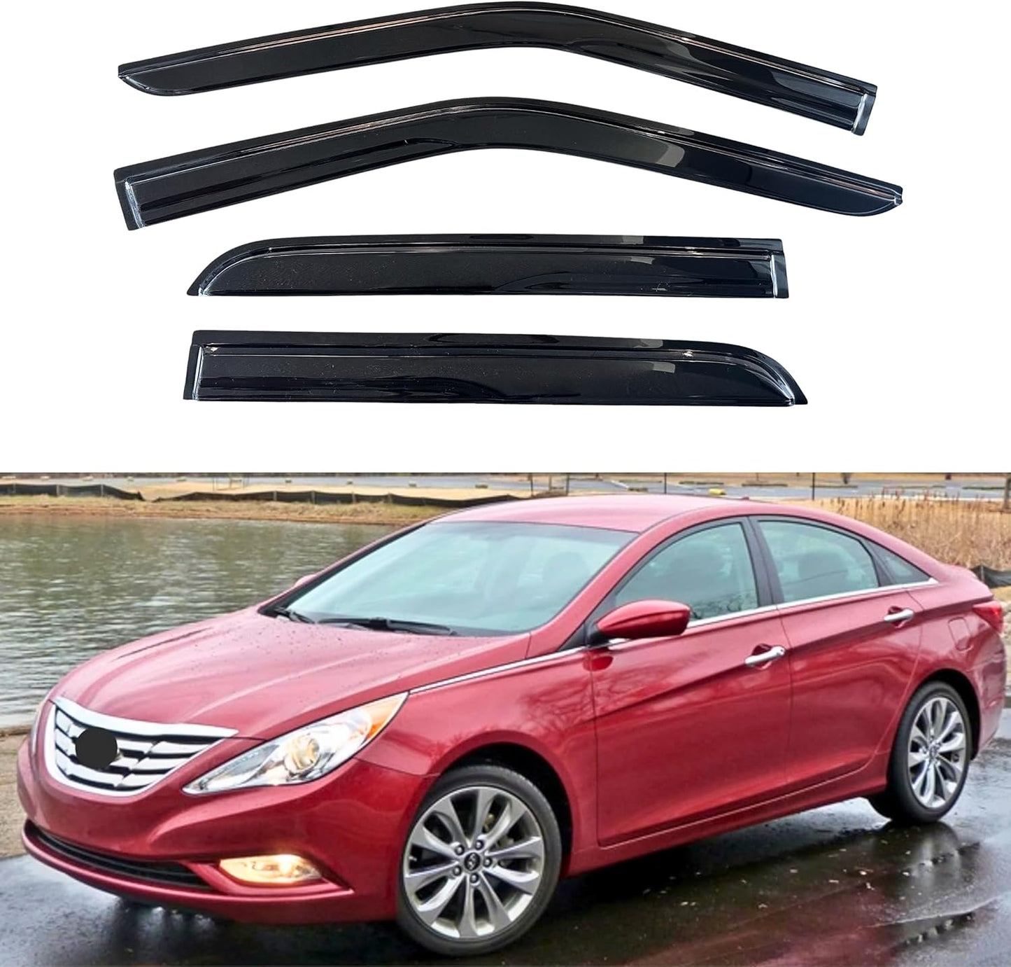 KPY Window Visor Compatible with Hyundai Sonata 2011-2014 (New Body Mugen Style) & Sonata Hybrid 2011-2016, 4PC Rain Guard Side Window Vent Deflector Tape-On Mugen Style, 2011 2012 2013 2014 2015 2016