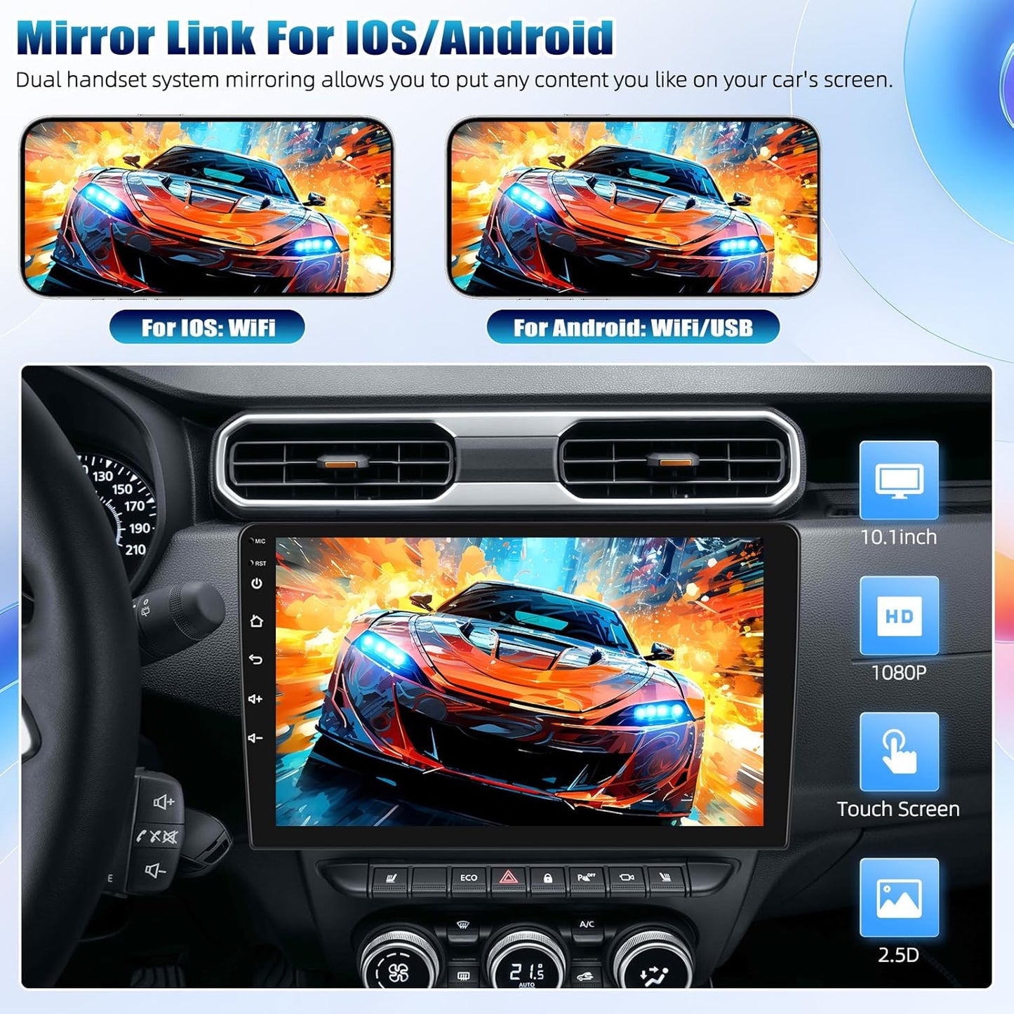 Double Din Car Stereo Radio Receiver, 10.1” 2.5D Curved HD Touch Screen Head Unit Multimedia Player, Support Rear View Camera&Android iOS Mirror Link Dual USB Input+License Plate Camera