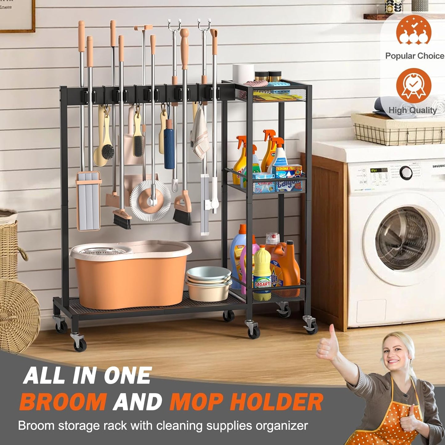 Broom Holder with Cleaning Supplies Organizer, Broom Closet Storage Cabinet with Cleaning Caddy, Cleaning Cart with Mop Hanger Gripper Rack Hooks,Janitorial Housekeeping cart,Laundry Room Organization