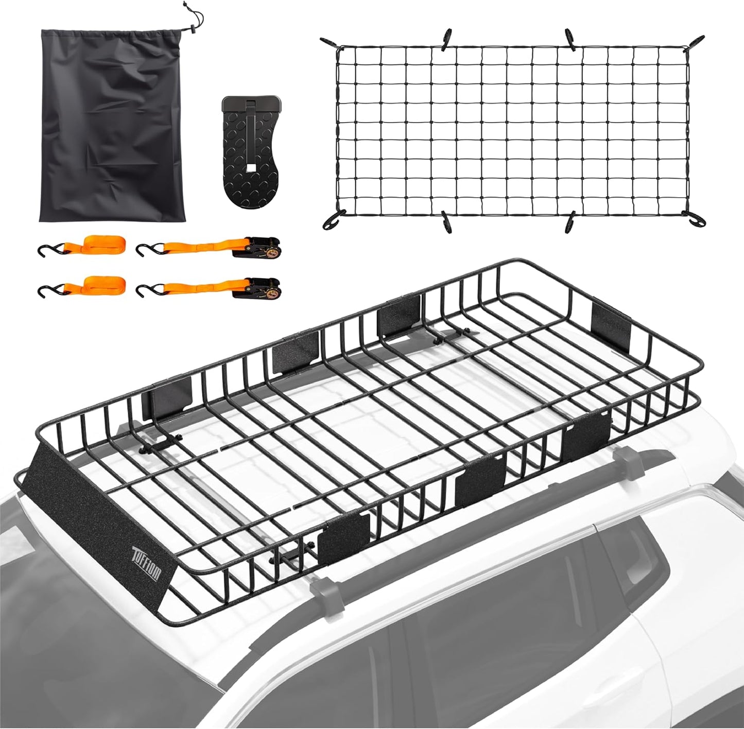 TUFFIOM 84"x 39"x 6" Universal Rooftop Cargo Carrier Basket, Extendable Steel Roof Rack Basket w/Net+Storage Bag+Pedal+Straps, Heavy Duty Car Top Rack Luggage Holder Carrier for SUV Car Truck Van