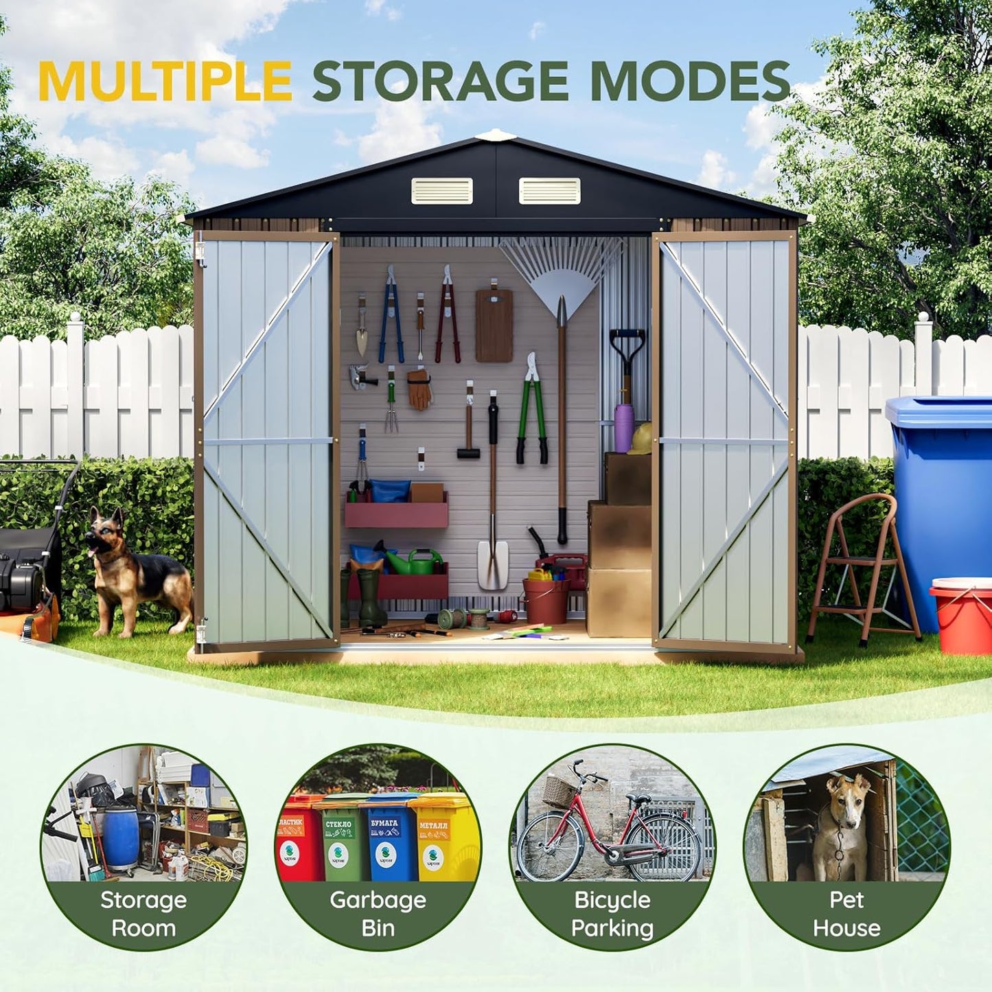 Breezz 6X8FT Outdoor Steel Storage Shed with Clear Window, Lockable Doors, Weather-Resistant Metal Tool Shed for Garden, Backyard, Patio, and Utility Storage.Brown