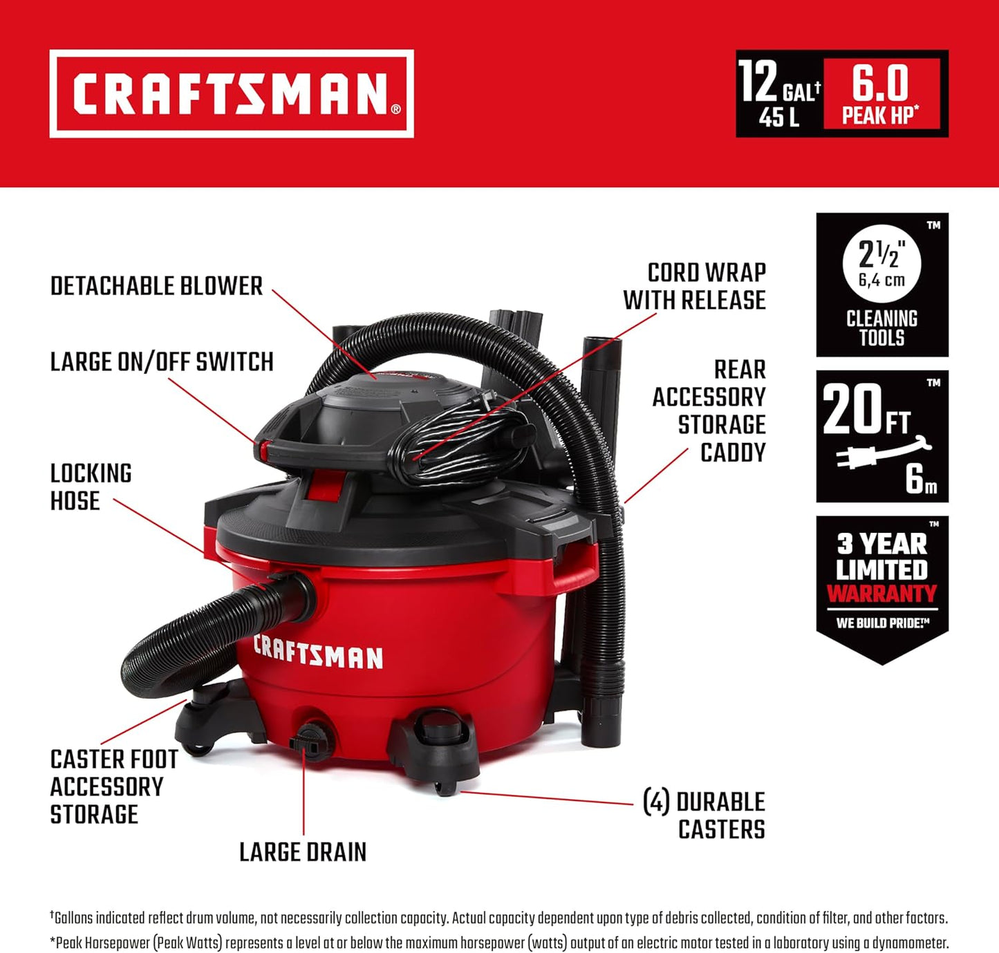 CRAFTSMAN CMXEVBE17606 12 Gallon 6.0 Peak HP Wet Dry Vac with Detachable Leaf Blower, Portable Shop Vacuum with Filters, Dust Bag, Wet Nozzle, Hose, Attachments for Garage Cleaning