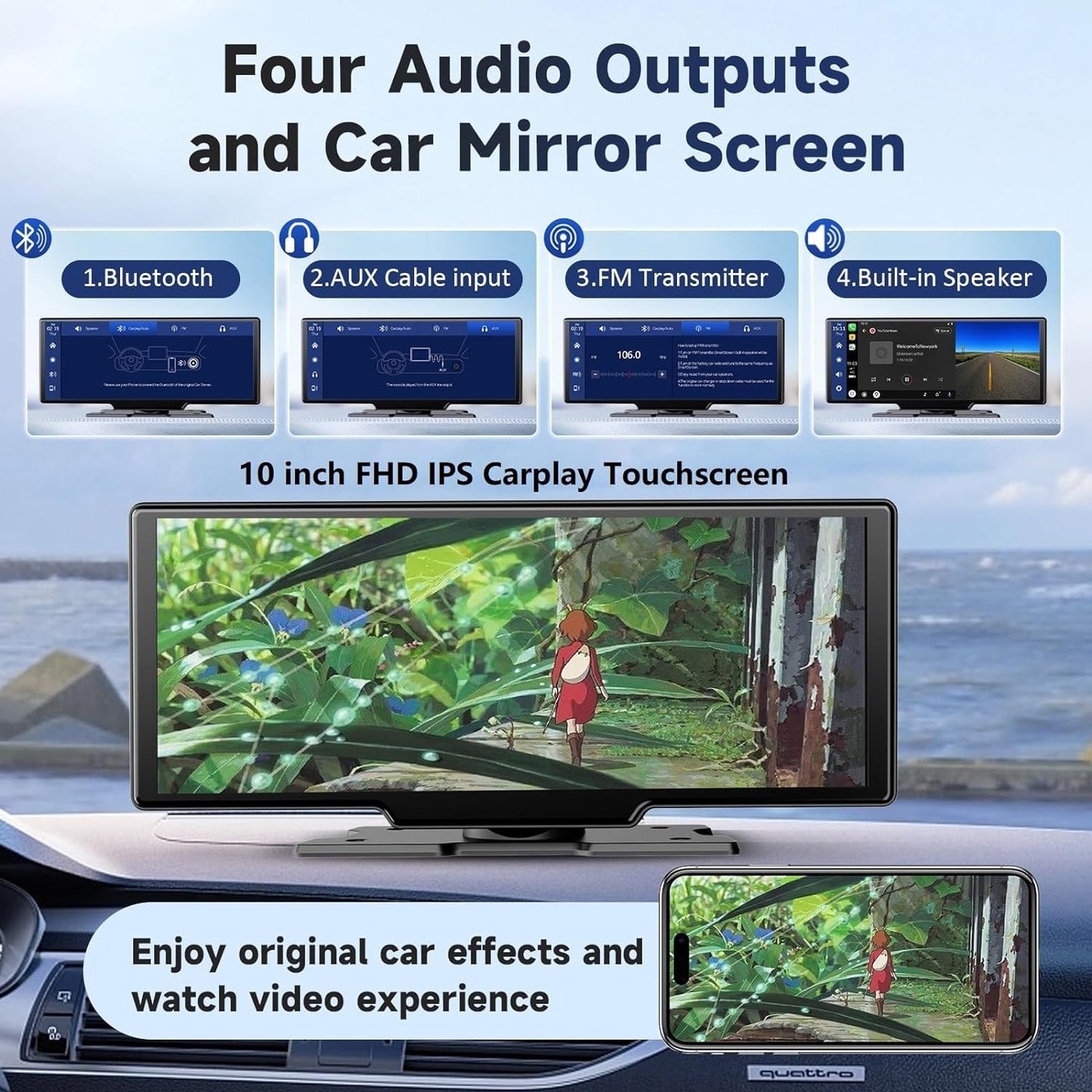 Wireless Portable Carplay Screen for Car - 10.26Inch Carplay & Android Auto Car Touch Stereo, with 4K Dash Cam, Backup Camera,Bluetooth,GPS Navigation