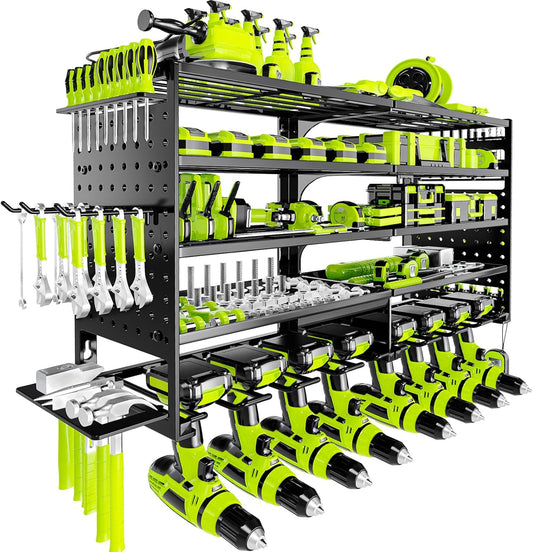 5 Layers Power Tool Organizer Wall Mount, Metal Cordless Tool Storage Rack Holder with 8 Drill Holders, Heavy Duty Garage Wall Tool Shelf for Workshop Tool Room Men Husband Father Gift Black