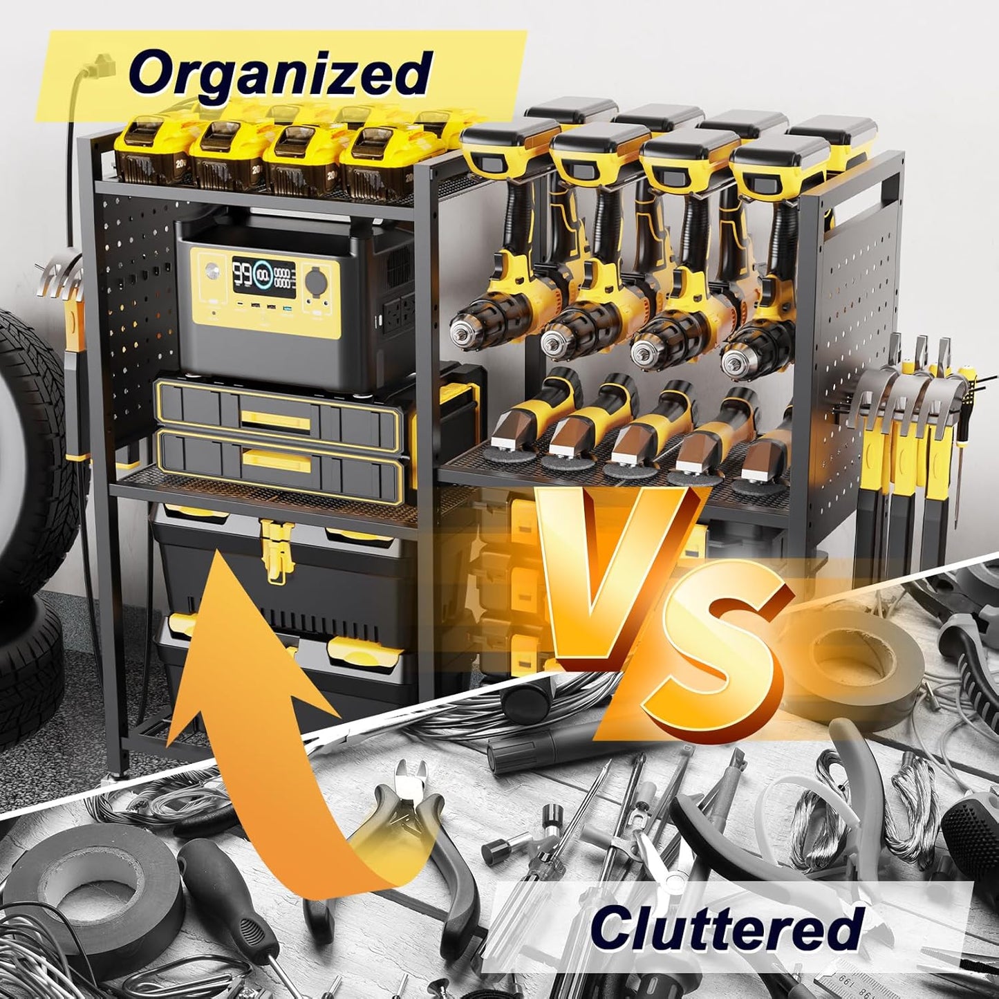6-Tier Large Power Tool Organizer Cart with Charging Station, Heavy-Duty Garage Rolling Tool Cart with 6 Wheels, 8 Hooks & Adjustable Shelves, Holds 700LBS+