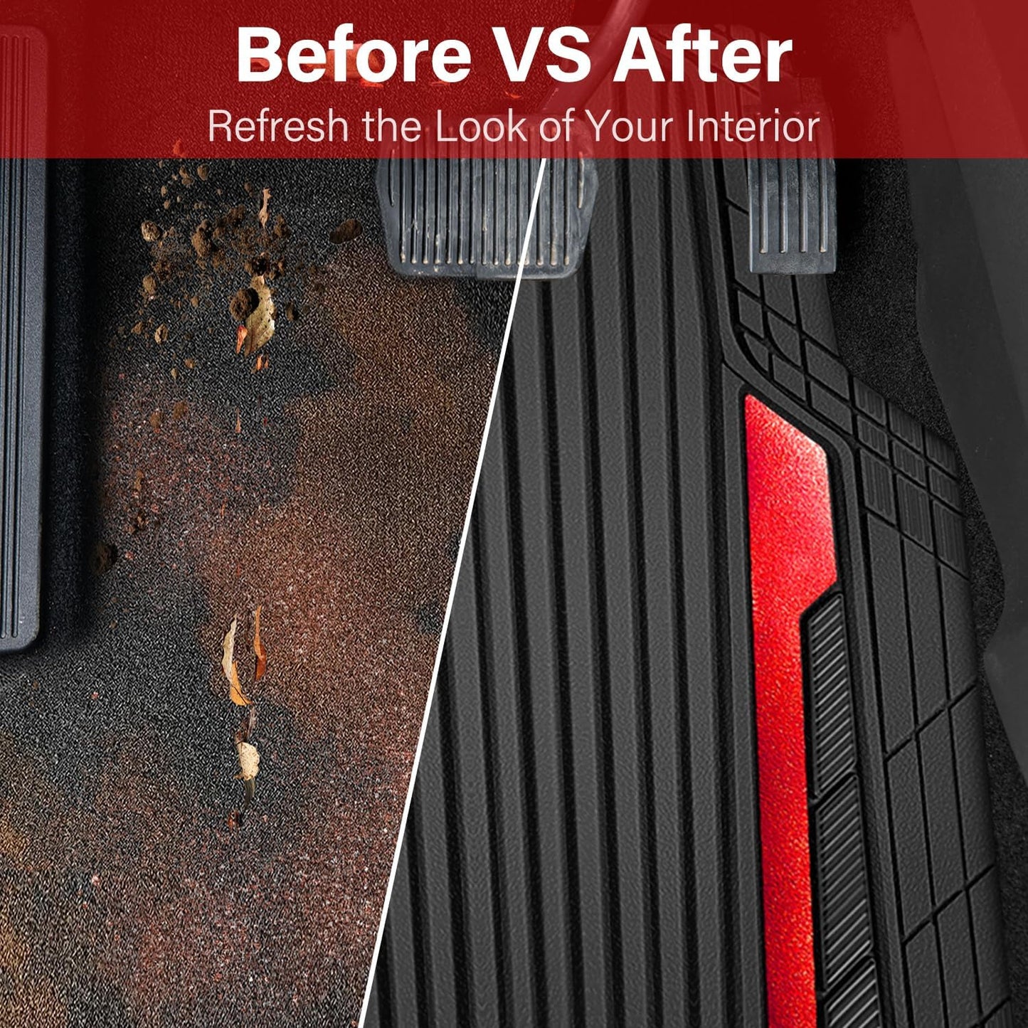 CAR PASS Heavy Duty Rubber Car Mats Metallic S~L Size, Aluminum Film All Weather Floor Mats Waterproof Universal Trim to Fit SUV Sedan Van Truck 4 Piece Deep Dish Two-Tone Sporty Black Red Chrome