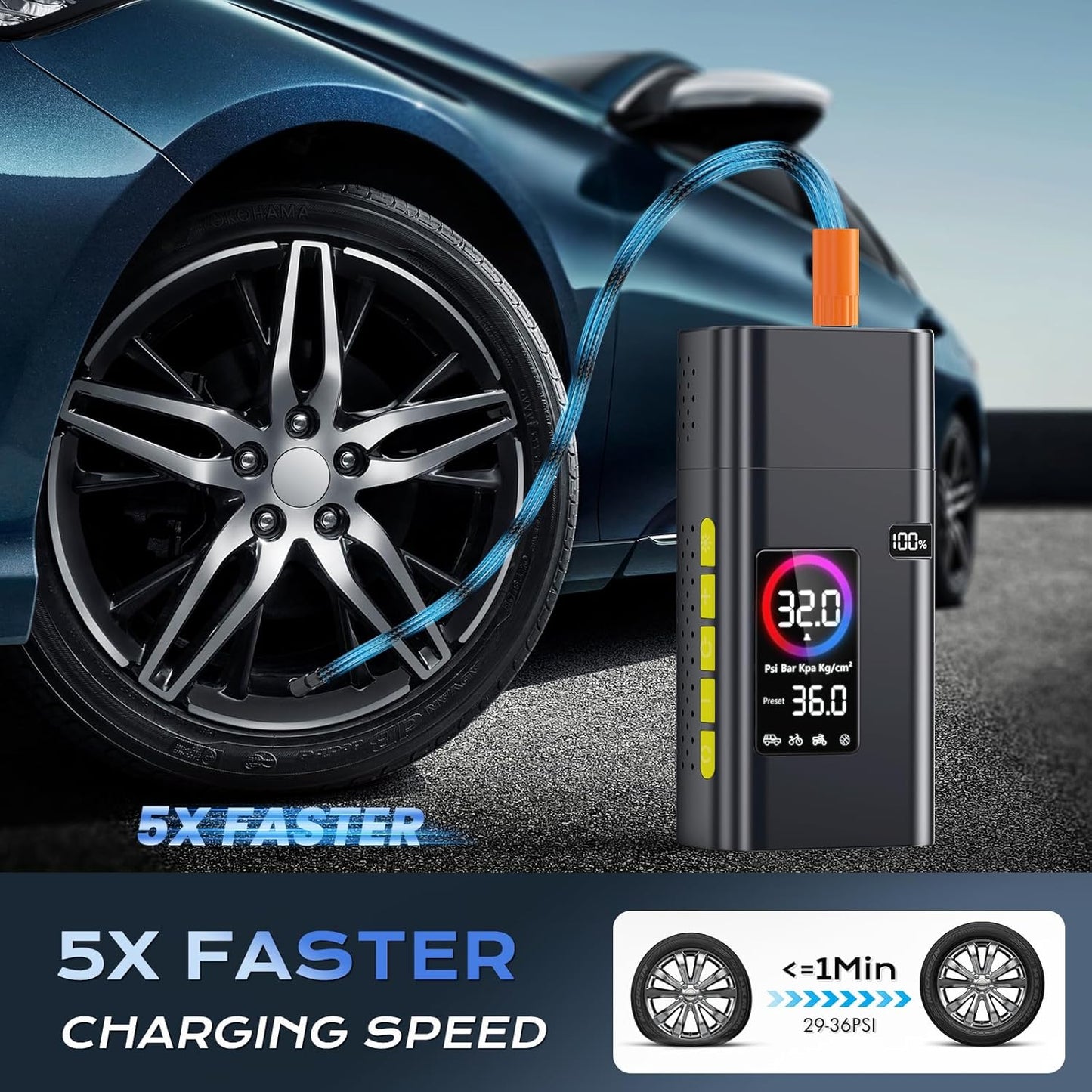 180PSI Tire Inflator Portable Air Compressor, 26000mAh Portable Tire Inflator for Car,5X Fast Electric Bike Air Pump with Digital LCD Pressure Gauge/LED Light/Power Bank, Bike, Motorcycle, Ball