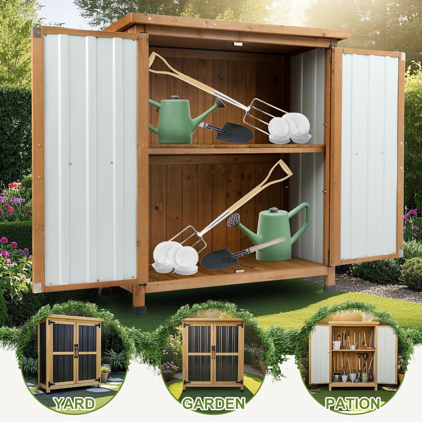 Outdoor Storage Cabinet, Small Wood & Metal Storage Shed with Lockable Doors & Adjustable Shelves, Vertical Outdoor Cabinets Weatherproof for Patio Backyard,Garden Tool Shed and Accessories, Brown