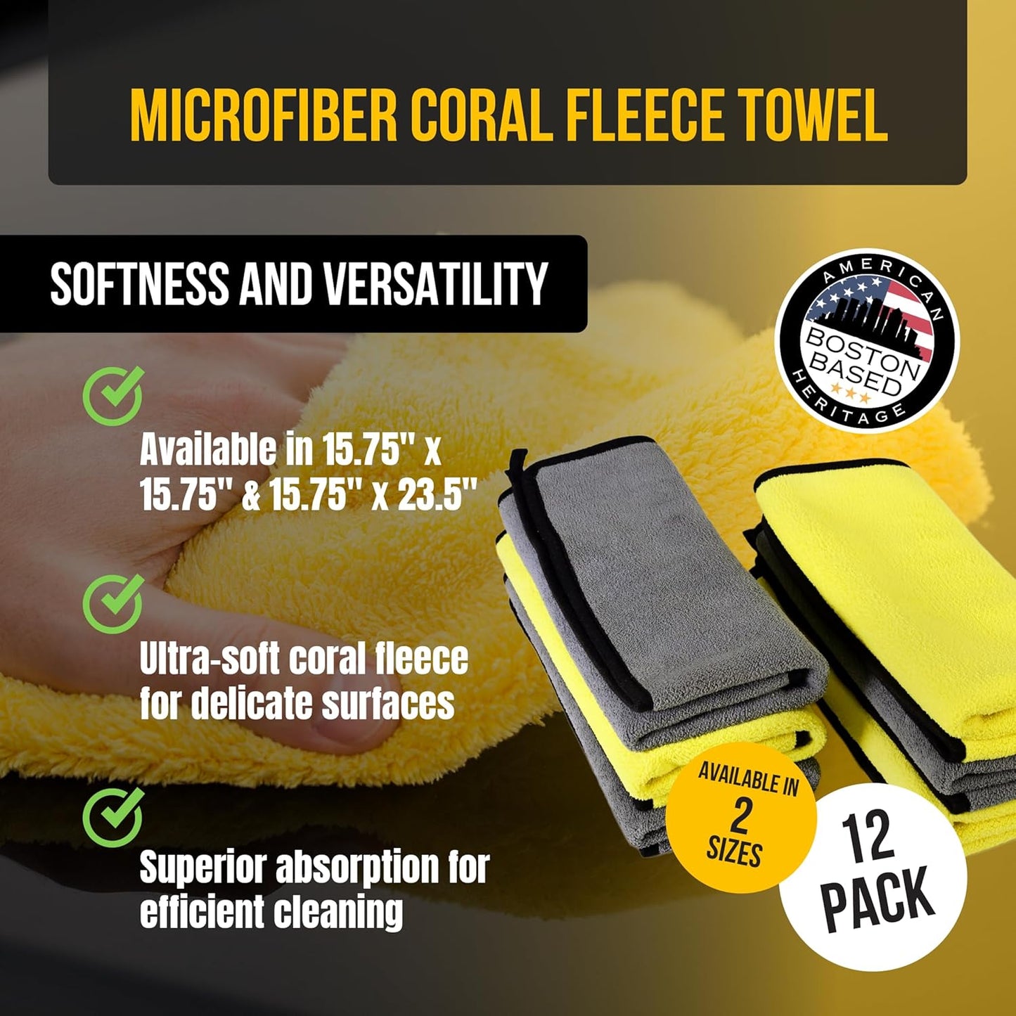 VPD Microfiber Coral Fleece Towels - Dark Yellow, Ultimate Car Drying Towels, Extra Large, Super Absorbent, Lint and Scratch Free, Perfect for Car Wax Polishing (12, 15.75" by 15.75")