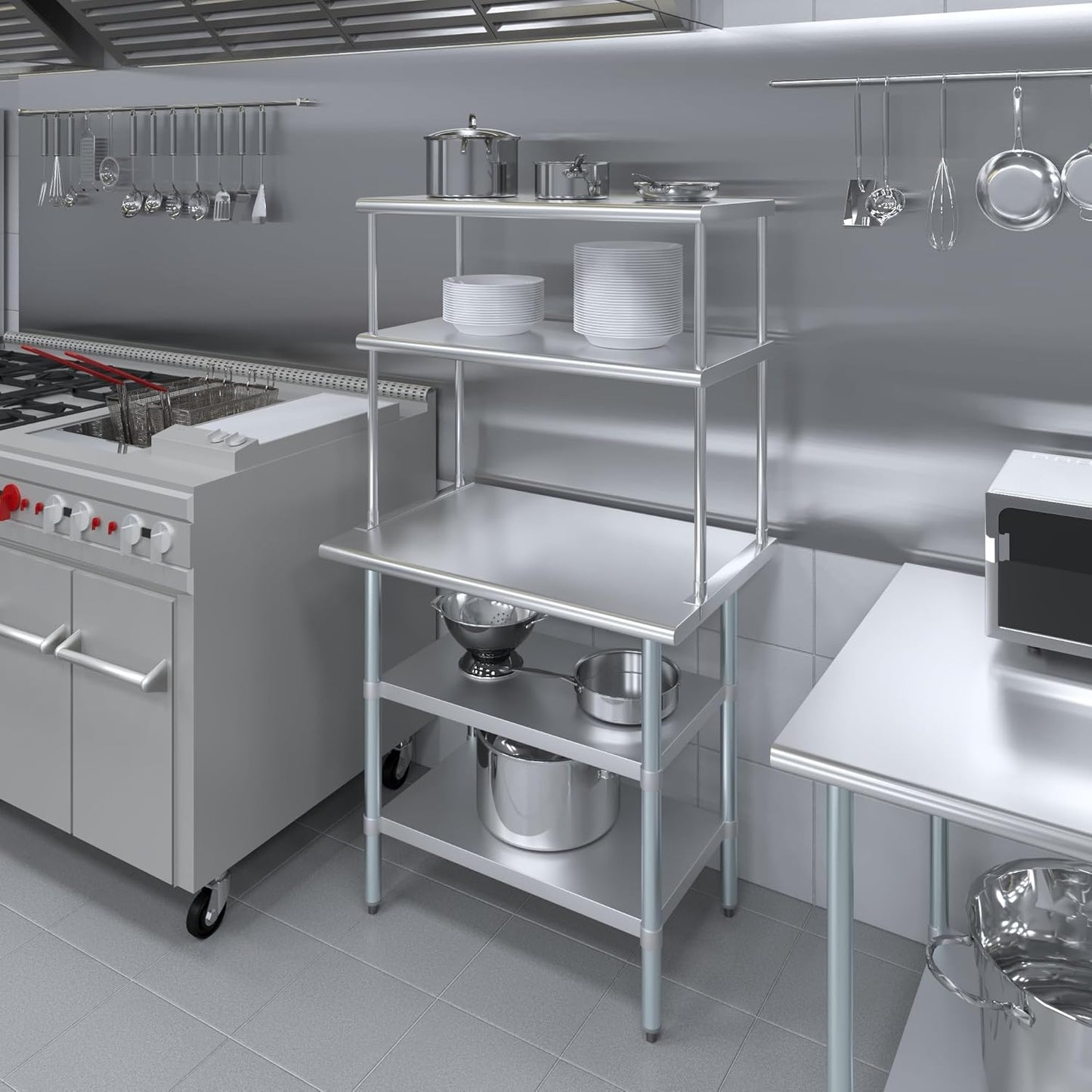 Amgood Stainless Steel Work Table with 2 Shelves | Metal Kitchen Prep Table & Shelving Combo (24" x 36" Table with 2 Shelves + 18" Overshelf)