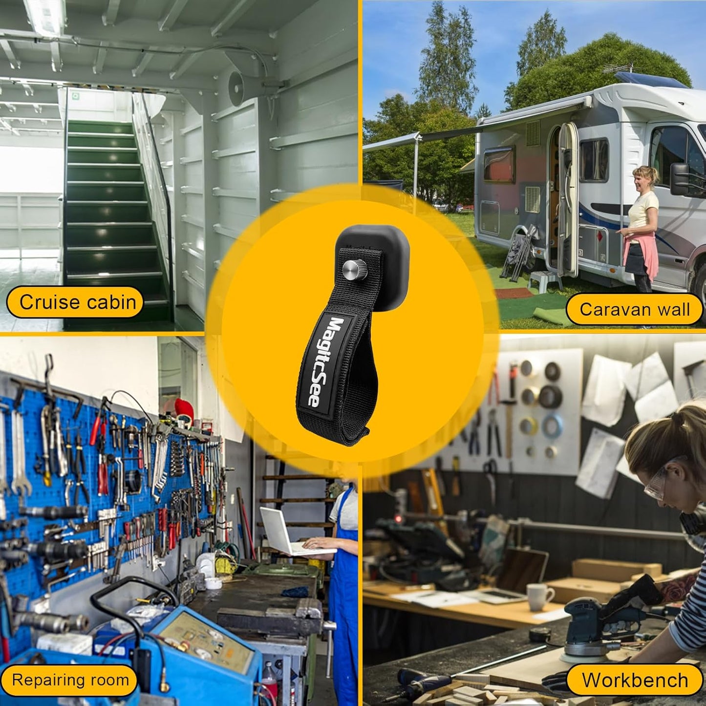 Updated 4 Pack Heavy Duty Magnetic Hook Straps for Extention Cords, Powerful Cruise Garage Storage Hook Ties for Hanging Cables, Garden Hoses Ropes, Workshop Tool Box Magnet Organize Hangers for Tools