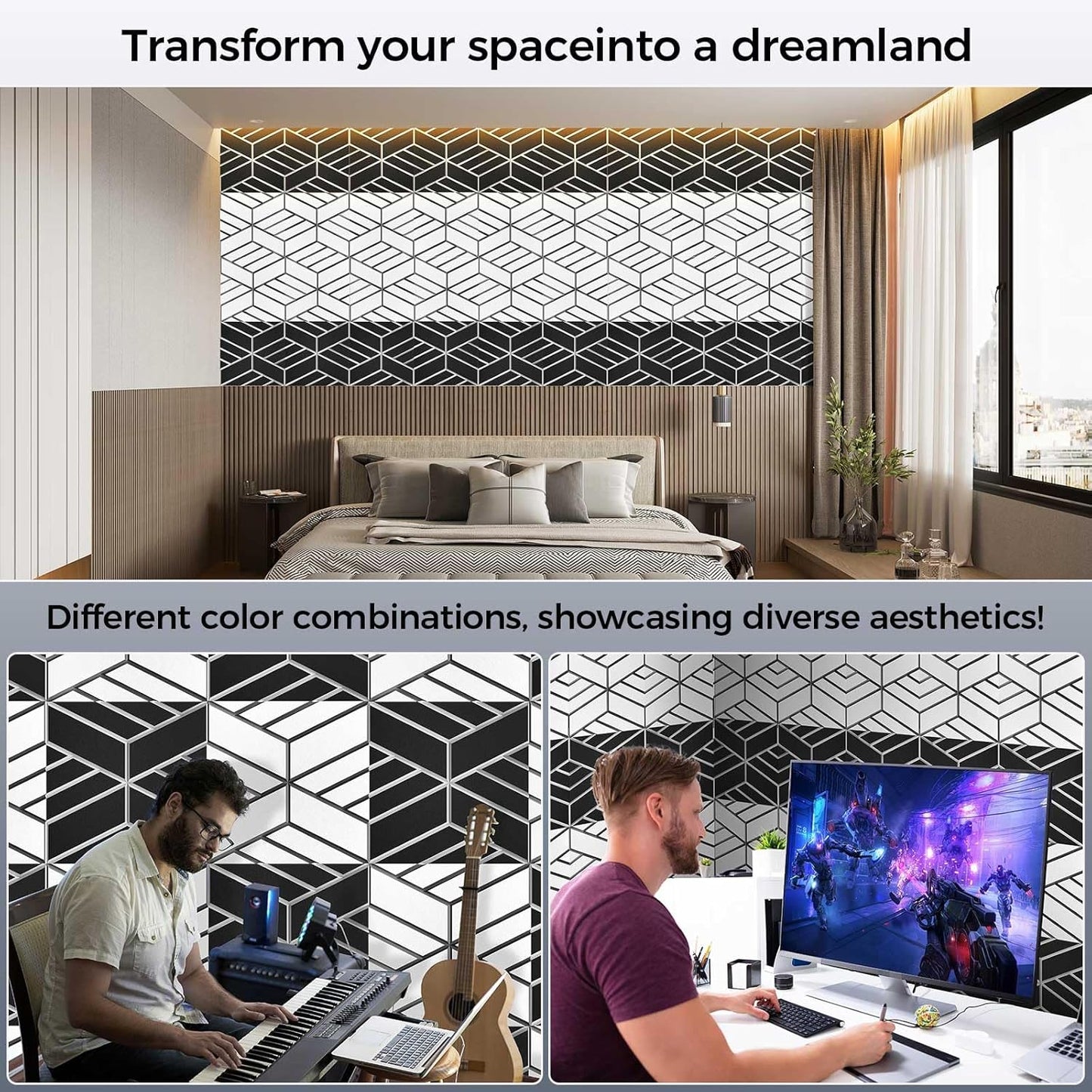 8 Pack 2-Layer Soundproof Wall Panels, 15.7 x 15.7 x 0.43 in Large Sound Proof Foam Panels for Walls, 1.1lb/ft³ High Density, 3D Acoustic Panels,Artistic Noise Dampening Panels Black&White