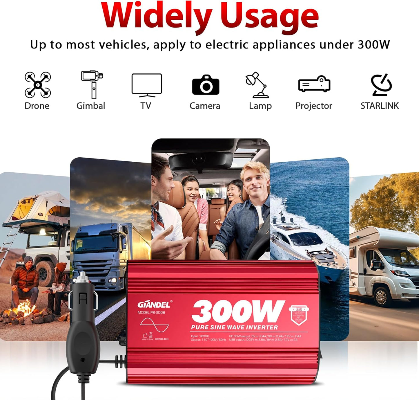 300Watt Pure Sine Wave Power Inverter for Car with PD30W Type C and QC 3.0 USB Car Converter Adapter with Dual USB Ports for Smartphones Laptops Tablets Starlink